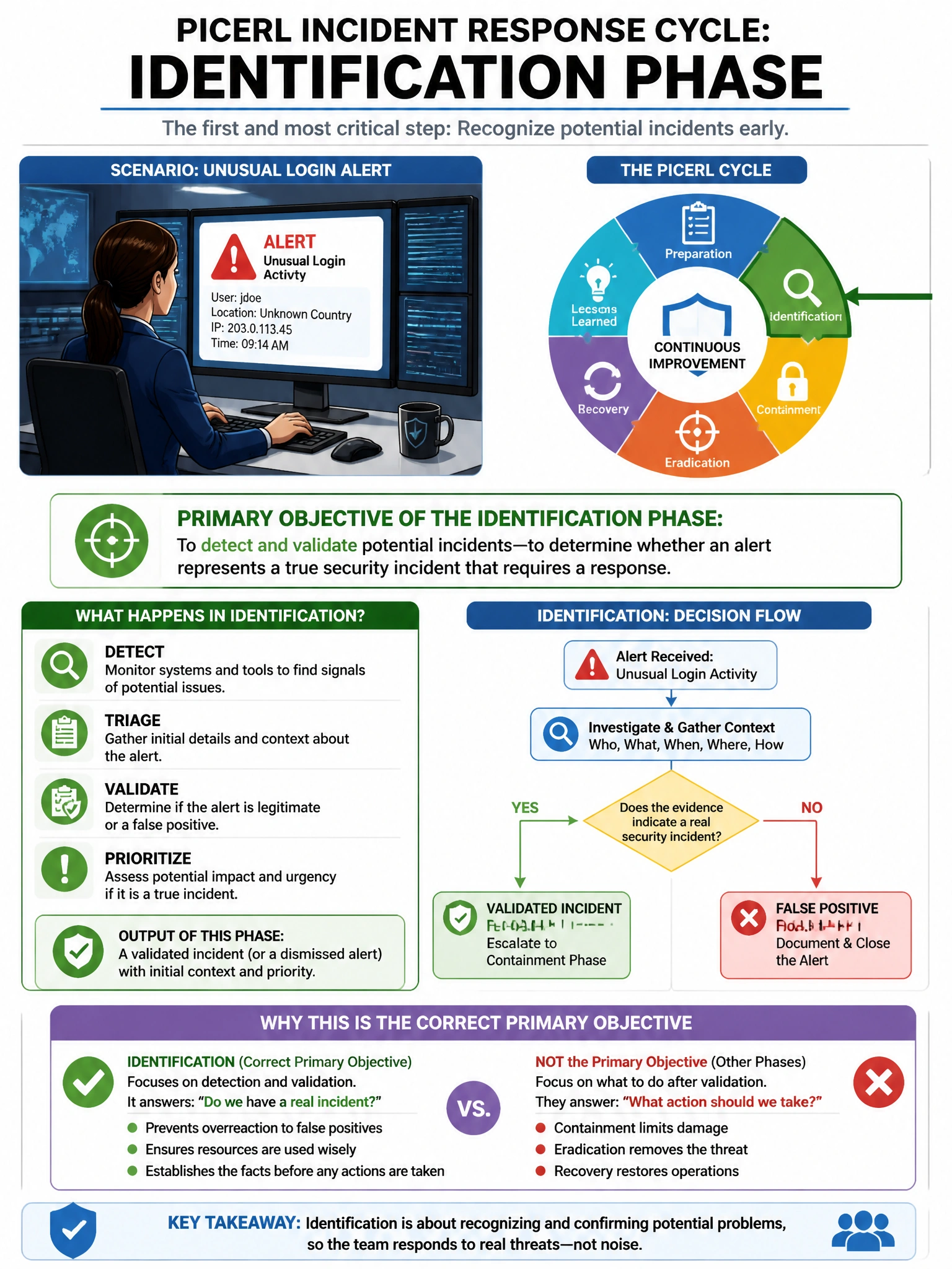 Portrait educational infographic teaching: During the identification phase of the PICERL incident response cycle, a security analyst receives an alert for unusual login activity. What is the PRIMARY objective of this phase?. Show labeled components, decision flow, and the key distinction that makes the correct answer correct. Clean modern diagram style.