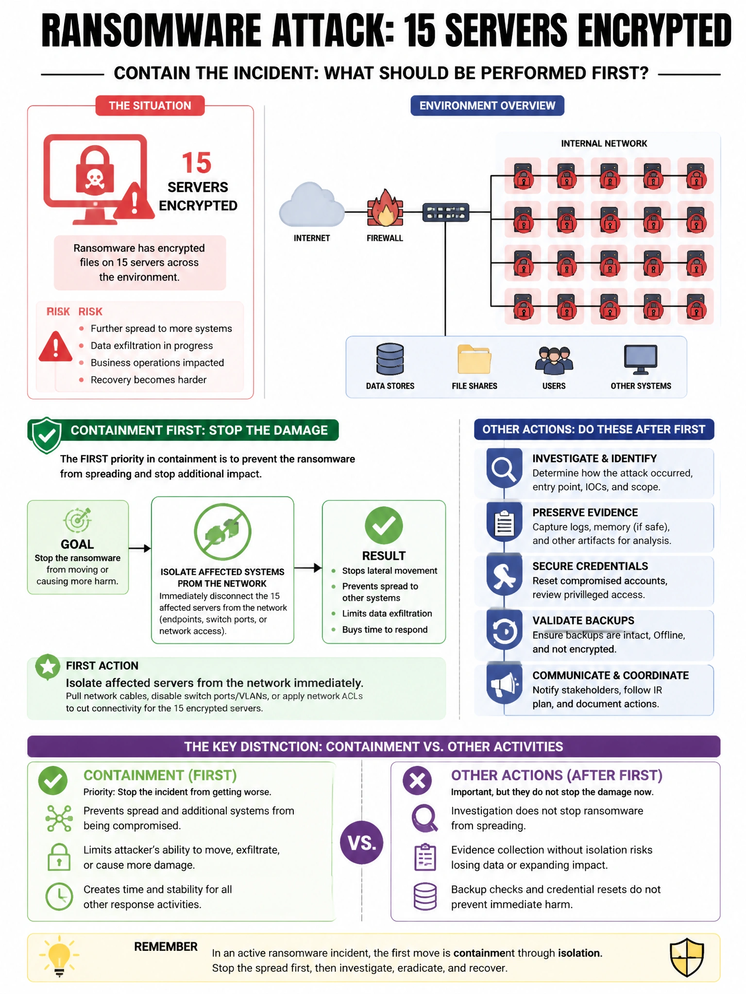 Portrait educational infographic teaching: A ransomware attack has encrypted files on 15 servers. The IR team needs to contain the incident. Which containment action should be performed FIRST?. Show labeled components, decision flow, and the key distinction that makes the correct answer correct. Clean modern diagram style.
