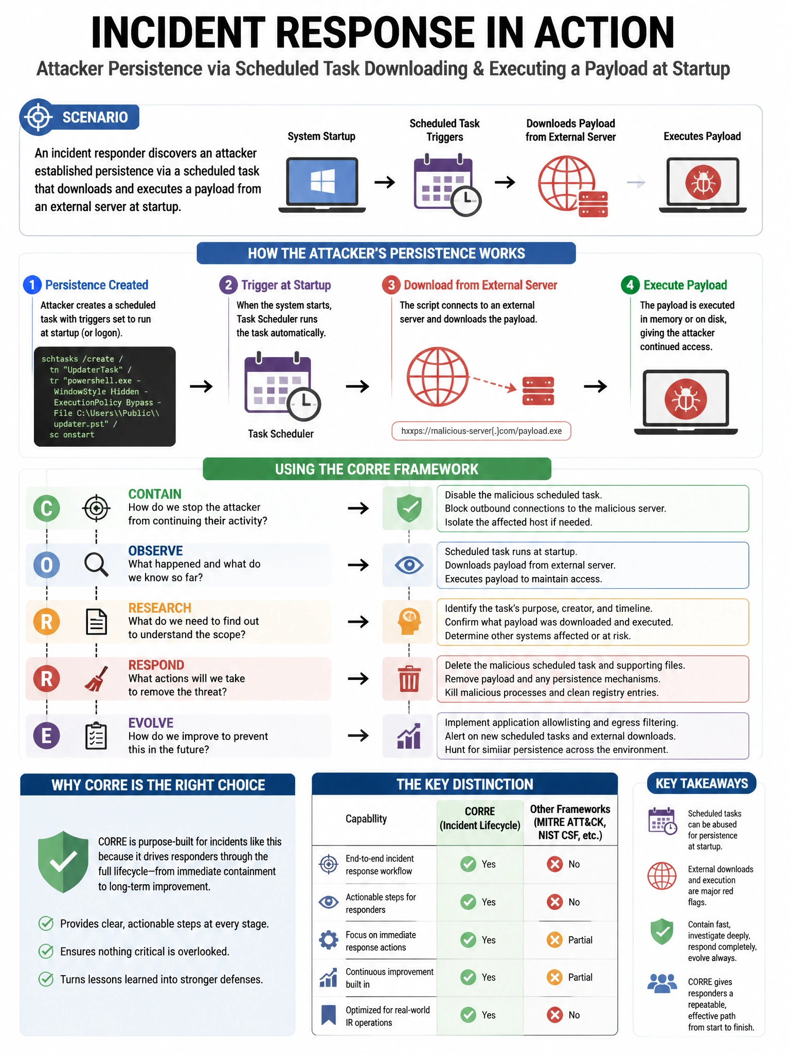 Portrait educational infographic teaching: An incident responder discovers an attacker established persistence via a scheduled task that downloads and executes a payload from an external server at startup. What is the CORRE. Show labeled components, decision flow, and the key distinction that makes the correct answer correct. Clean modern diagram style.