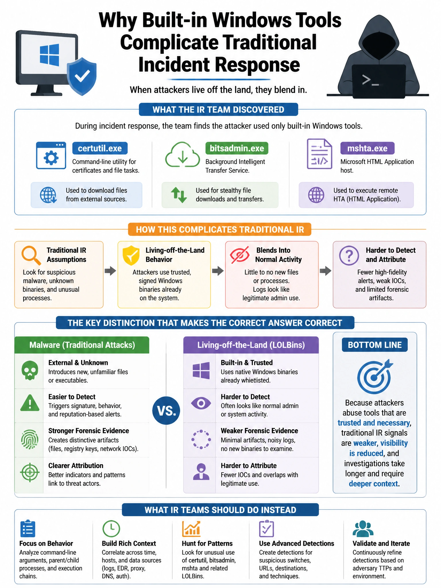 Portrait educational infographic teaching: During incident response, the team discovers the attacker used only built-in Windows tools including certutil, bitsadmin, and mshta. Why does this complicate traditional IR approac. Show labeled components, decision flow, and the key distinction that makes the correct answer correct. Clean modern diagram style.
