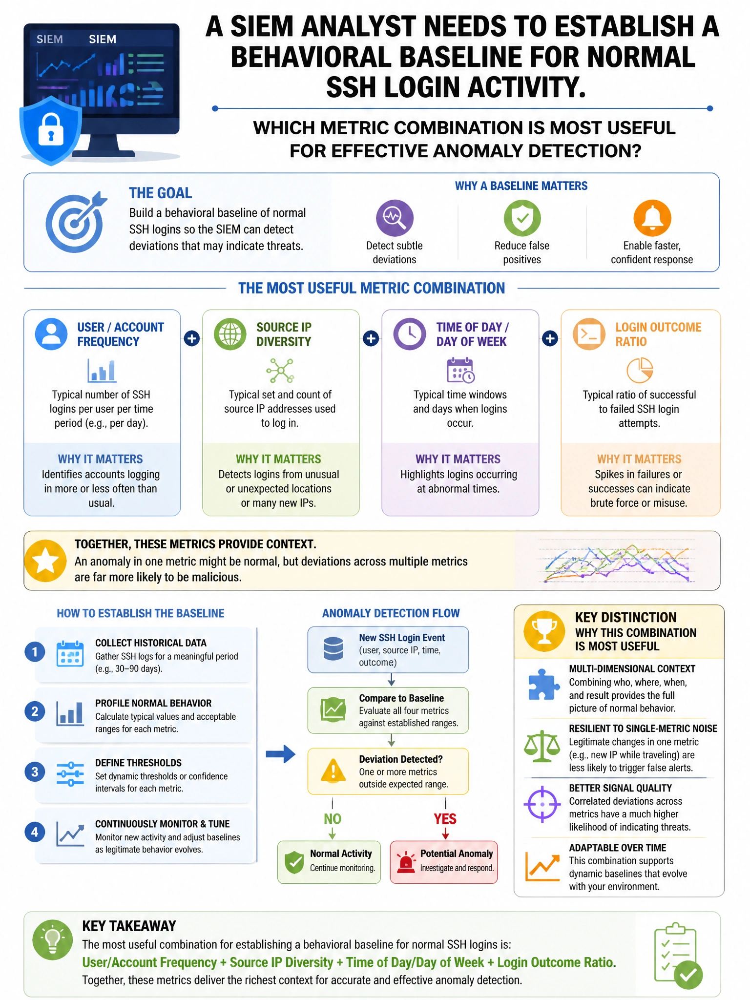 Portrait educational infographic teaching: A SIEM analyst needs to establish a behavioral baseline for normal SSH login activity. Which metric combination is MOST useful for effective anomaly detection?. Show labeled components, decision flow, and the key distinction that makes the correct answer correct. Clean modern diagram style.