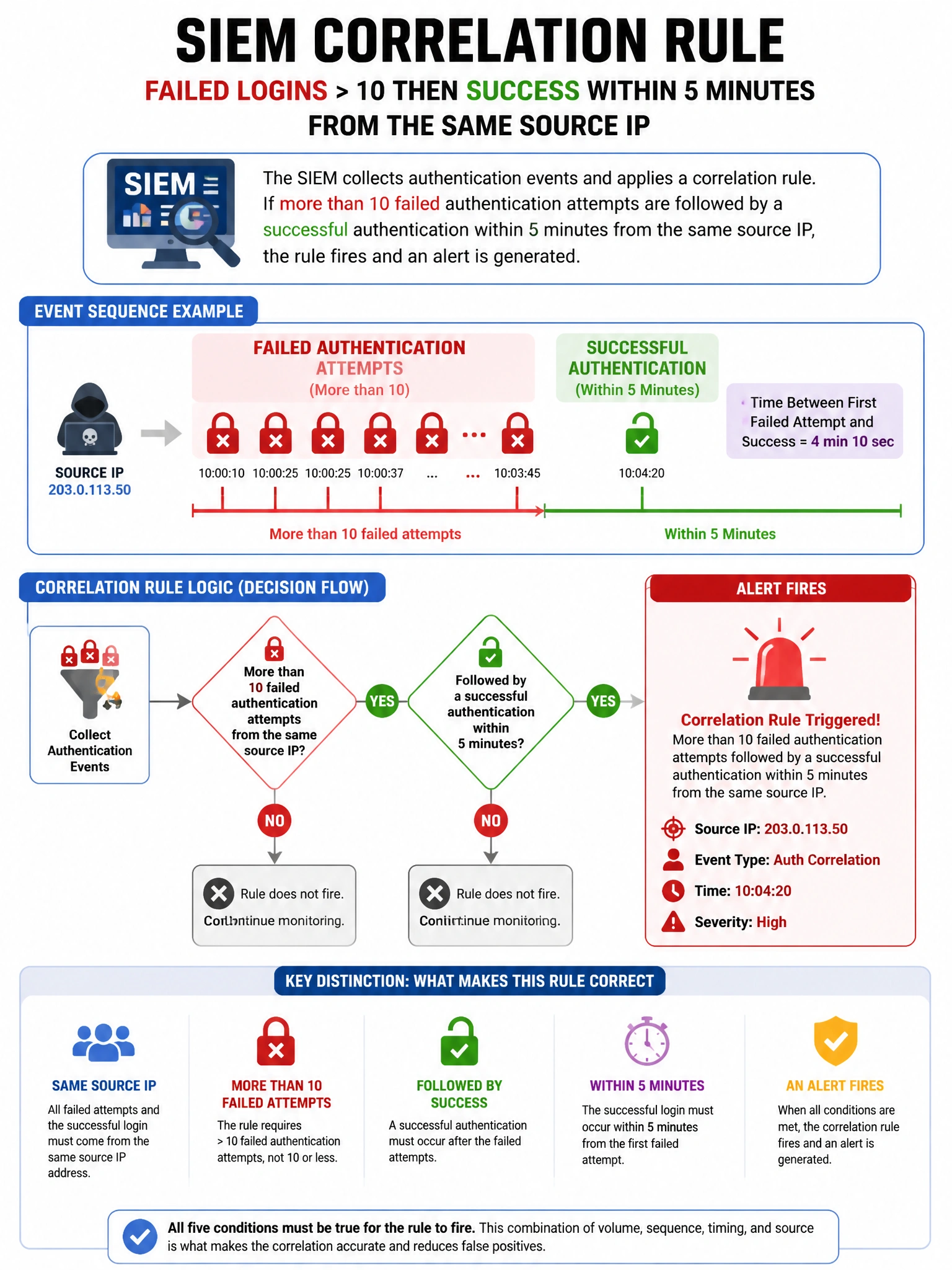 Portrait educational infographic teaching: A SIEM correlation rule fires when more than 10 failed authentication attempts are followed by a successful authentication within 5 minutes from the same source IP. An alert fires . Show labeled components, decision flow, and the key distinction that makes the correct answer correct. Clean modern diagram style.
