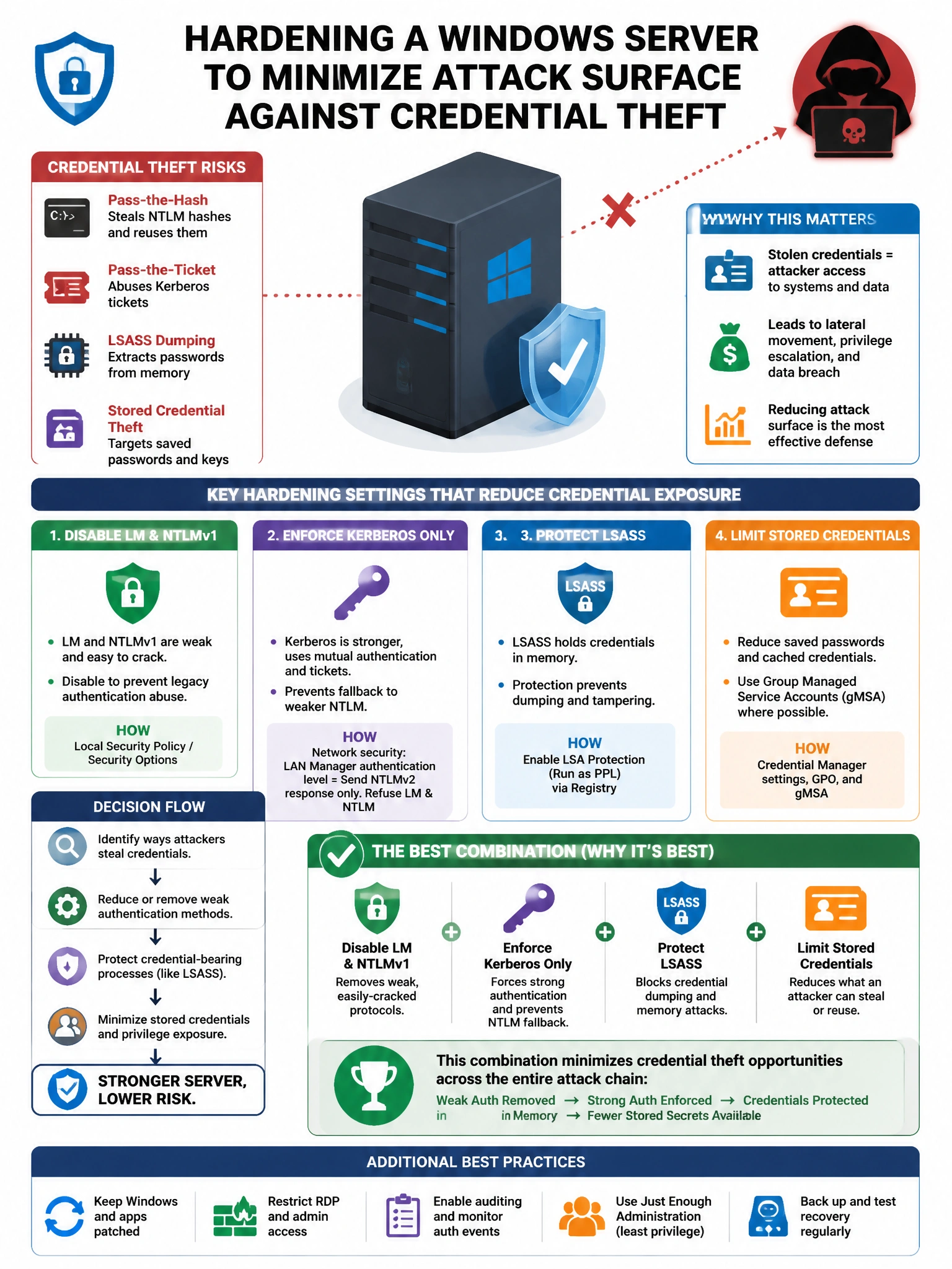 Portrait educational infographic teaching: A hardening team is configuring a Windows server to minimize attack surface against credential theft. Which combination of settings BEST reduces exposure?. Show labeled components, decision flow, and the key distinction that makes the correct answer correct. Clean modern diagram style.