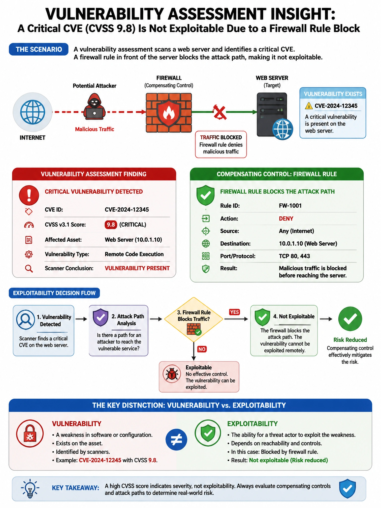 Portrait educational infographic teaching: A vulnerability assessment identifies a critical CVE with CVSS 9.8 on a web server. The finding notes the vulnerability is not exploitable because a compensating firewall rule bloc. Show labeled components, decision flow, and the key distinction that makes the correct answer correct. Clean modern diagram style.