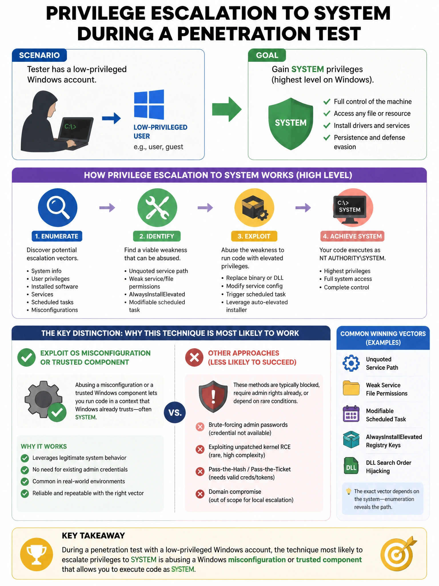 Portrait educational infographic teaching: During a penetration test, a tester has a low-privileged Windows account. Which technique would MOST likely allow privilege escalation to SYSTEM?. Show labeled components, decision flow, and the key distinction that makes the correct answer correct. Clean modern diagram style.