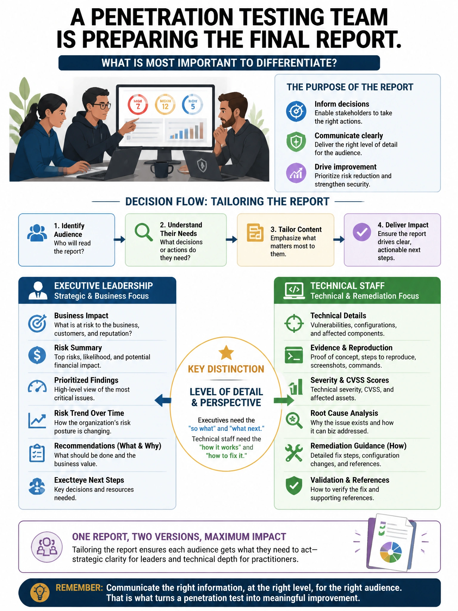 Portrait educational infographic teaching: A penetration testing team is preparing the final report. Which element is MOST important to differentiate for executive leadership versus technical staff?. Show labeled components, decision flow, and the key distinction that makes the correct answer correct. Clean modern diagram style.