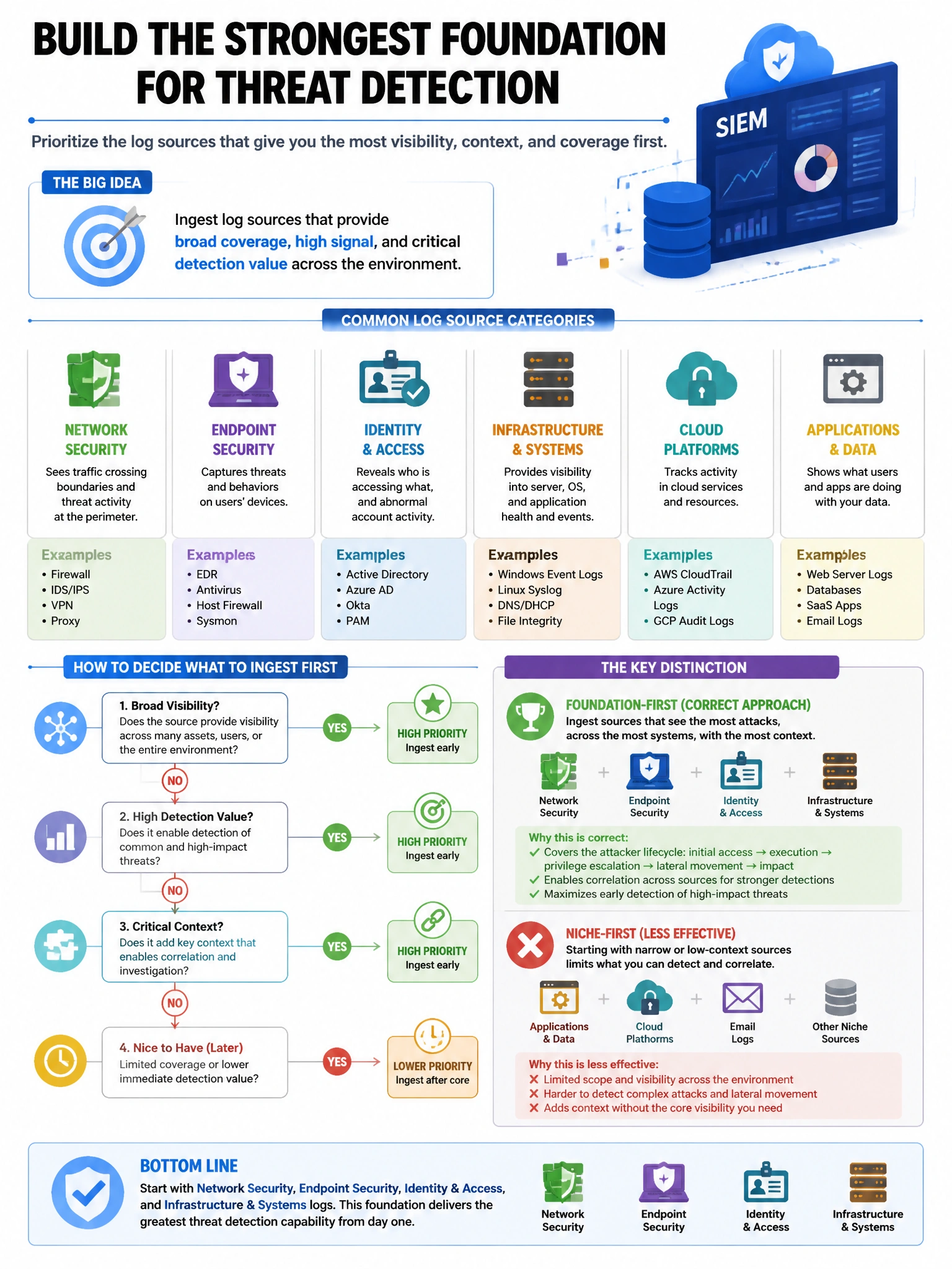 Portrait educational infographic teaching: An organization is implementing a SIEM platform. Which log source combination should be prioritized for initial ingestion to maximize threat detection capability?. Show labeled components, decision flow, and the key distinction that makes the correct answer correct. Clean modern diagram style.