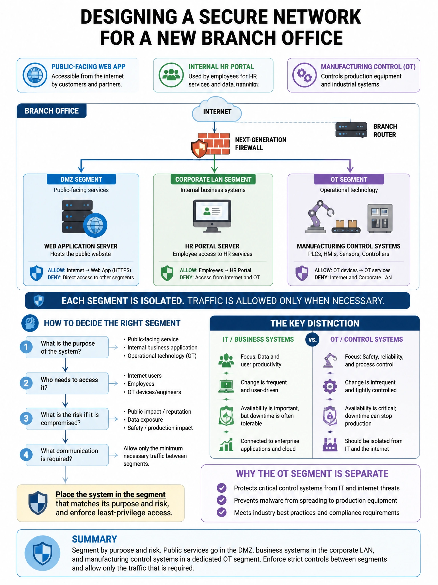 Portrait educational infographic teaching: A network architect is designing a new branch office. The branch hosts a public-facing web application, an internal HR portal, and manufacturing control systems (OT). Which segment. Show labeled components, decision flow, and the key distinction that makes the correct answer correct. Clean modern diagram style.