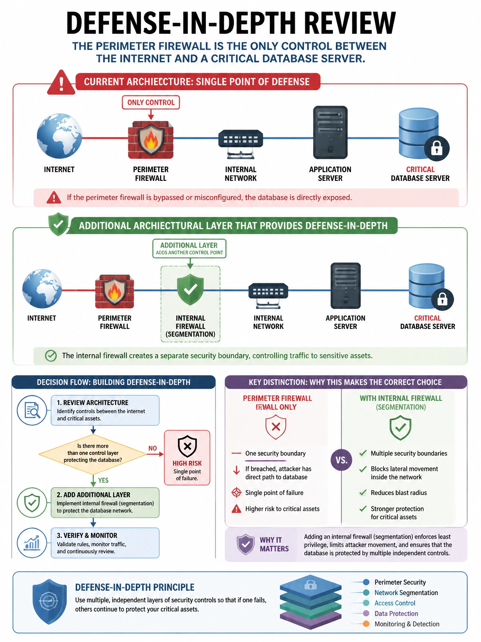 Portrait educational infographic teaching: A defense-in-depth review reveals the perimeter firewall is the only control between the internet and a critical database server. Which additional architectural layer provides the . Show labeled components, decision flow, and the key distinction that makes the correct answer correct. Clean modern diagram style.