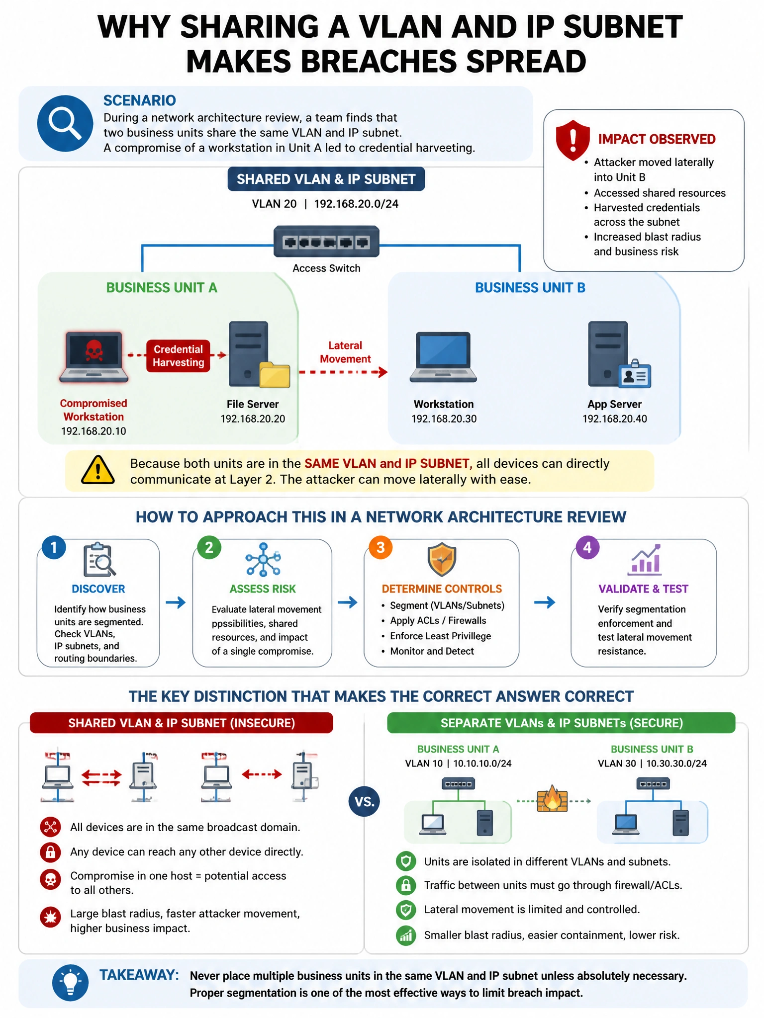 Portrait educational infographic teaching: During a network architecture review, a team finds that two business units share the same VLAN and IP subnet. A compromise of a workstation in Unit A led to credential harvesting a. Show labeled components, decision flow, and the key distinction that makes the correct answer correct. Clean modern diagram style.
