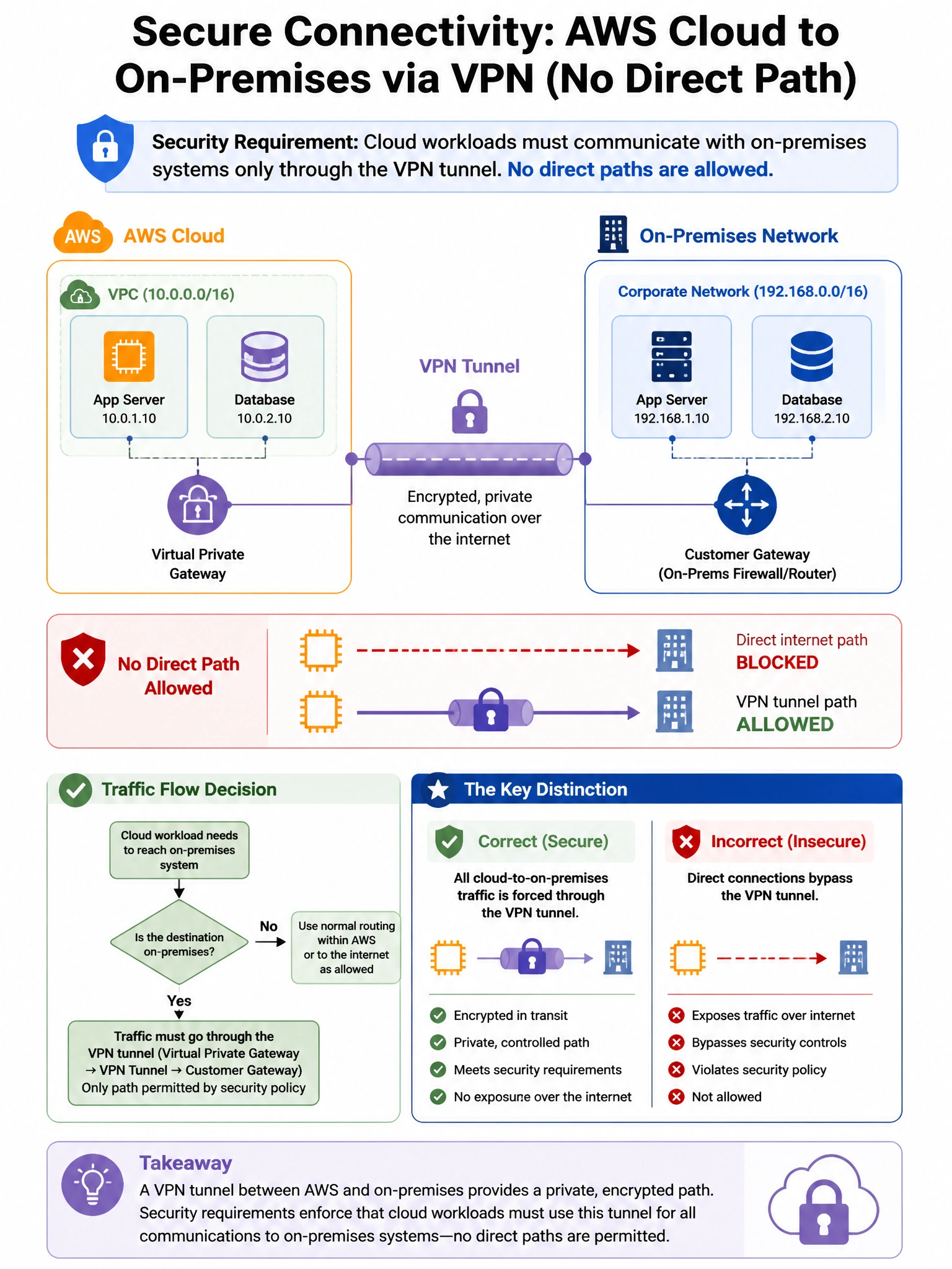 Portrait educational infographic teaching: A company's cloud-hosted workloads in AWS communicate with on-premises systems via a VPN tunnel. Security requirements mandate that cloud workloads must not have direct paths to th. Show labeled components, decision flow, and the key distinction that makes the correct answer correct. Clean modern diagram style.