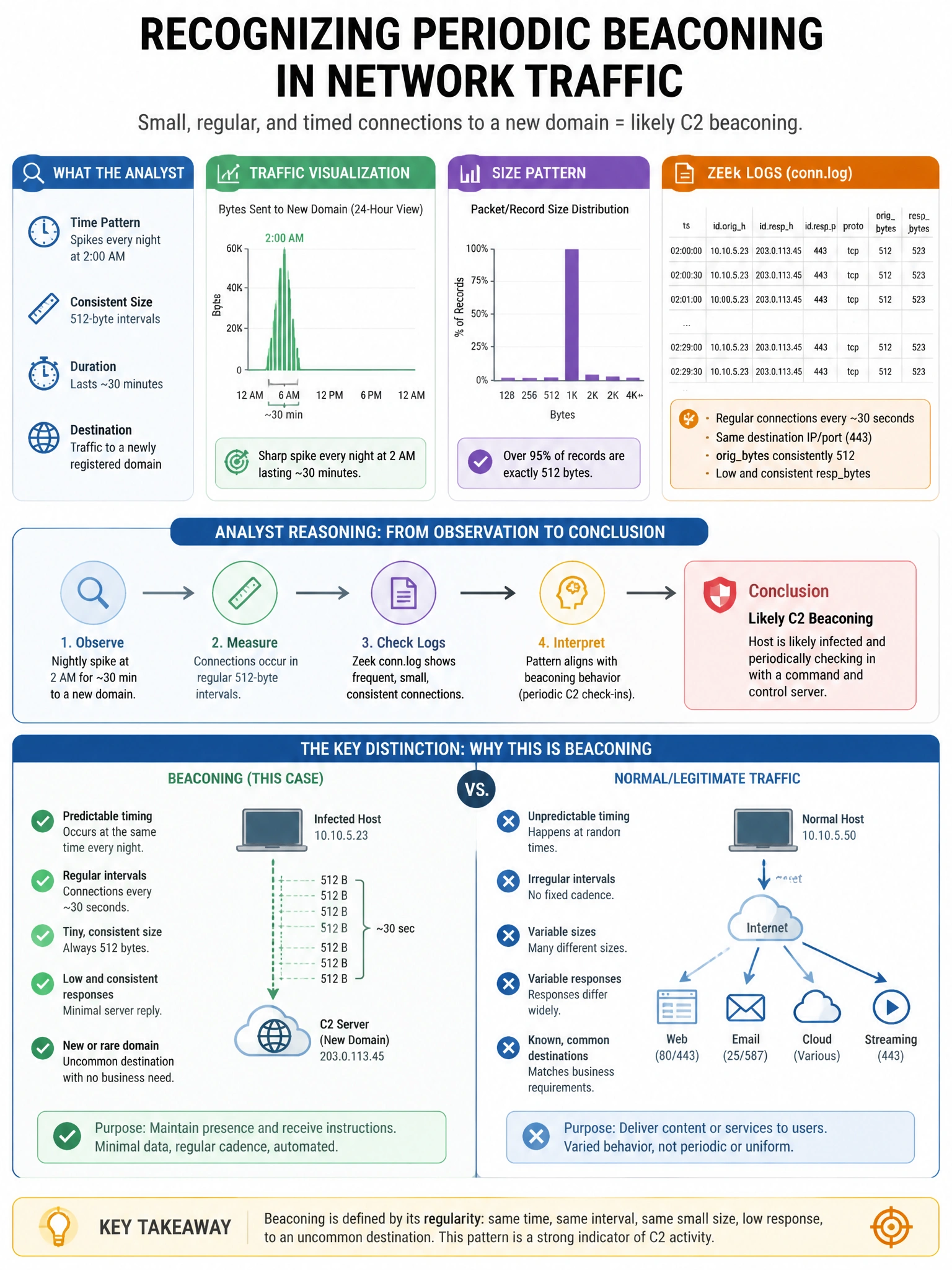 Portrait educational infographic teaching: An analyst notices that traffic from the corporate network to a newly registered domain spikes every night at 2 AM in 512-byte intervals lasting 30 minutes. Zeek logs show the conn. Show labeled components, decision flow, and the key distinction that makes the correct answer correct. Clean modern diagram style.