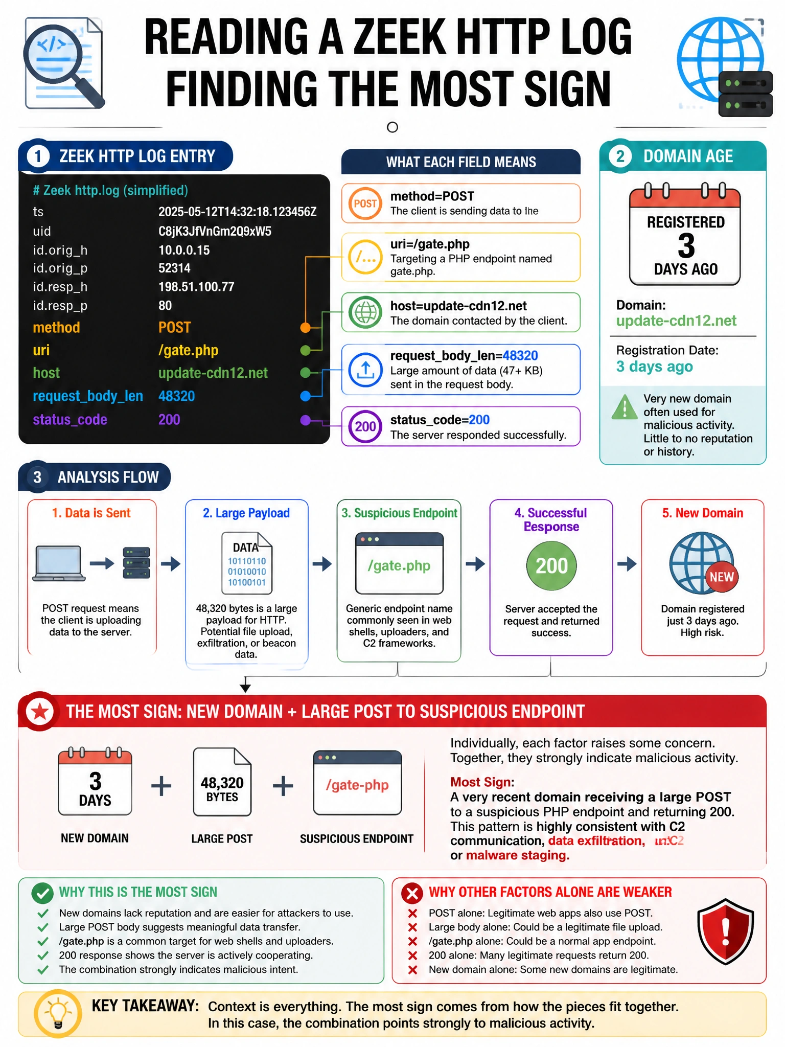 Portrait educational infographic teaching: A Zeek http.log entry shows: method=POST, uri=/gate.php, host=update-cdn12.net, requestbodylen=48320, statuscode=200. The domain was registered 3 days ago. What is the most sign. Show labeled components, decision flow, and the key distinction that makes the correct answer correct. Clean modern diagram style.