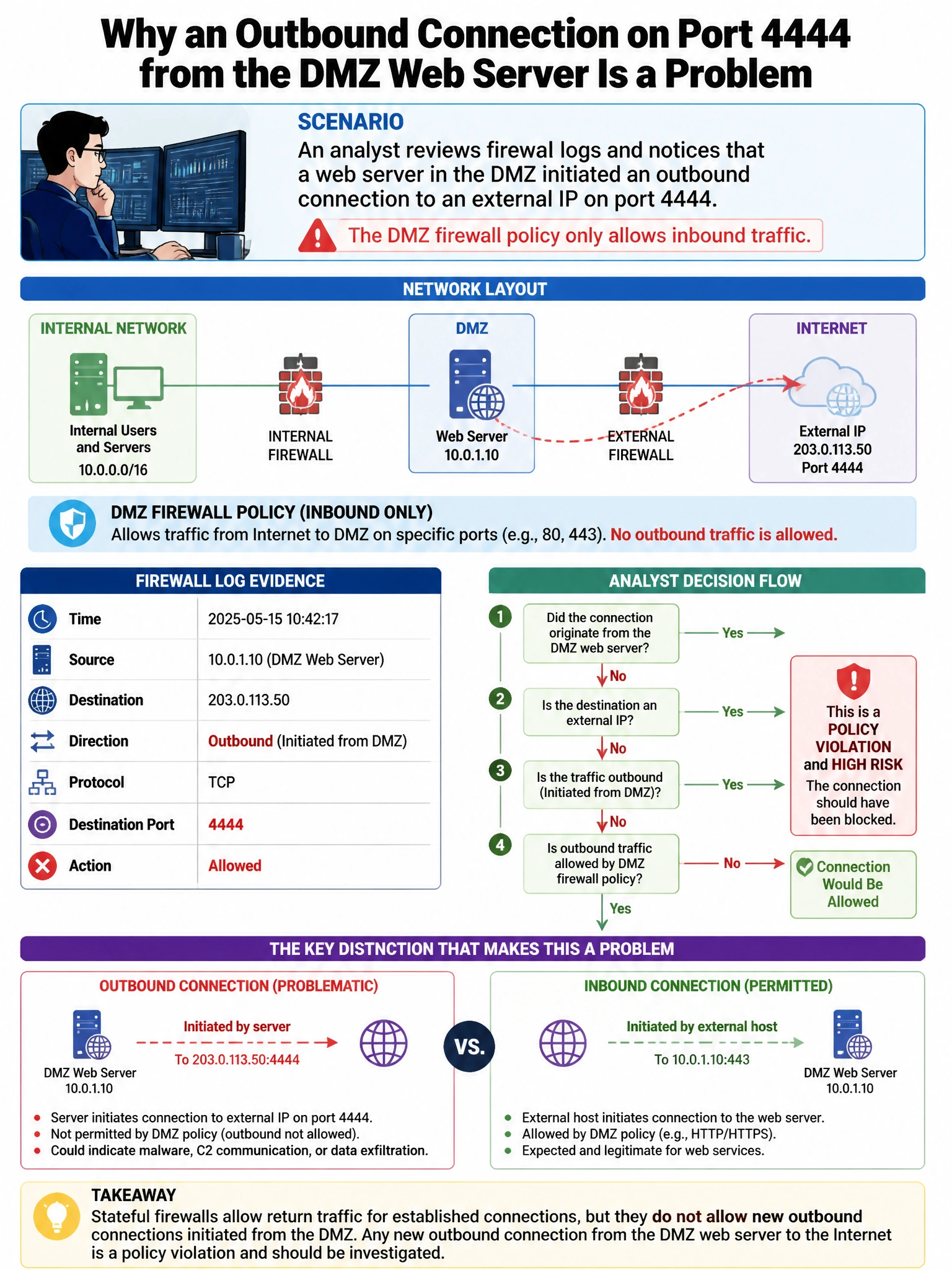 Portrait educational infographic teaching: An analyst reviews firewall logs and notices that a web server in the DMZ initiated an outbound connection to an external IP on port 4444. The DMZ firewall policy only allows inbou. Show labeled components, decision flow, and the key distinction that makes the correct answer correct. Clean modern diagram style.