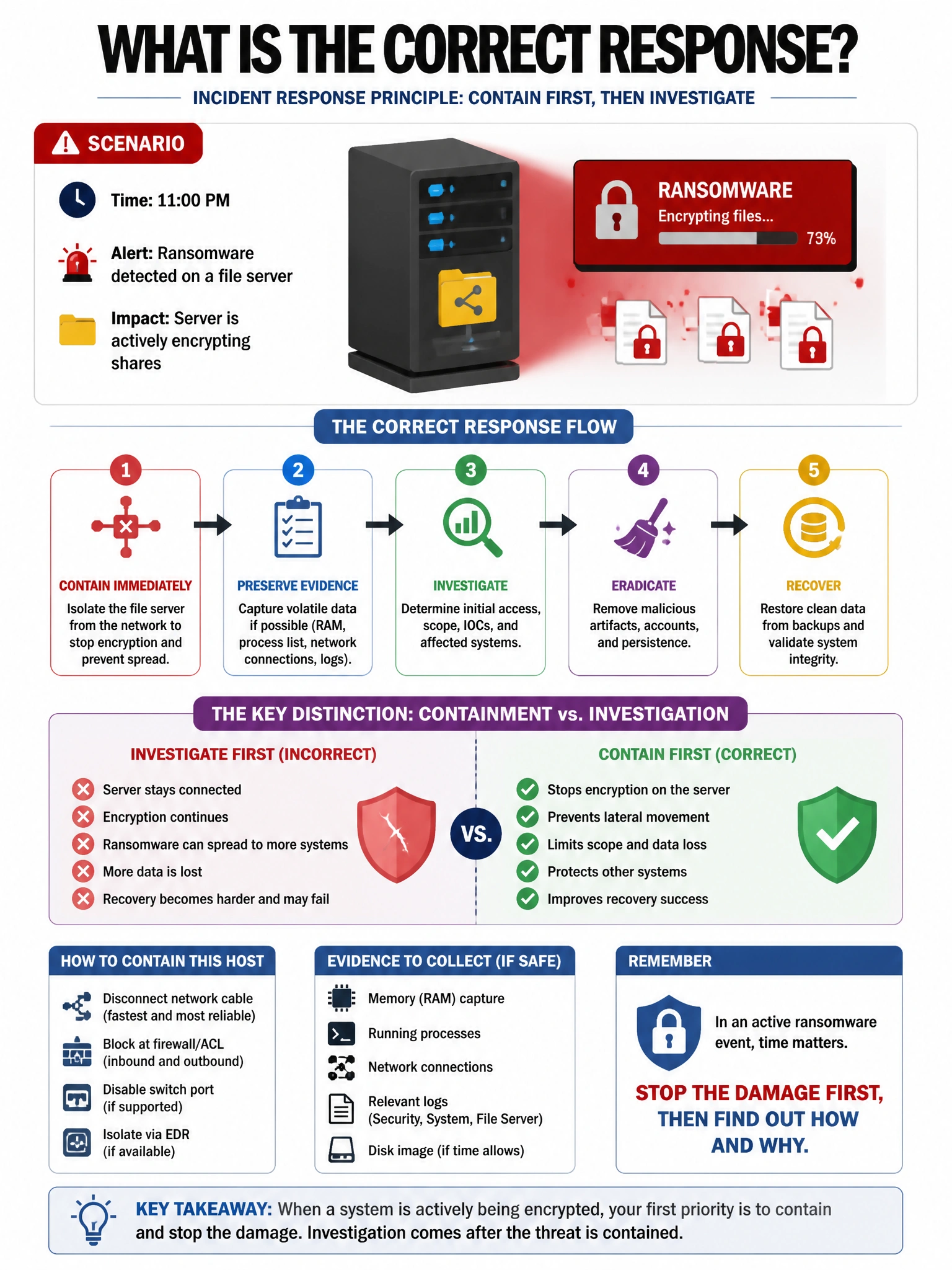 Portrait educational infographic teaching: During an incident response engagement, the IR team is called at 11 PM after a ransomware alert fires on a file server. The server is actively encrypting shares. What is the correc. Show labeled components, decision flow, and the key distinction that makes the correct answer correct. Clean modern diagram style.