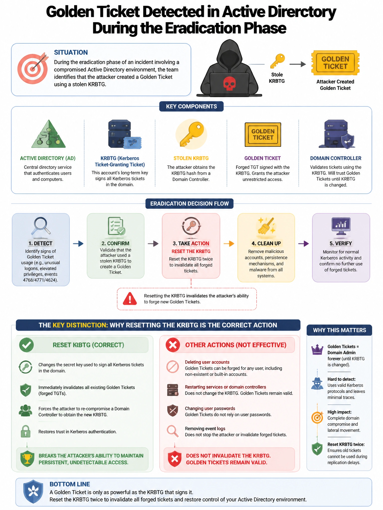 Portrait educational infographic teaching: During the eradication phase of an incident involving a compromised Active Directory environment, the team identifies that the attacker created a Golden Ticket using a stolen KRBTG. Show labeled components, decision flow, and the key distinction that makes the correct answer correct. Clean modern diagram style.