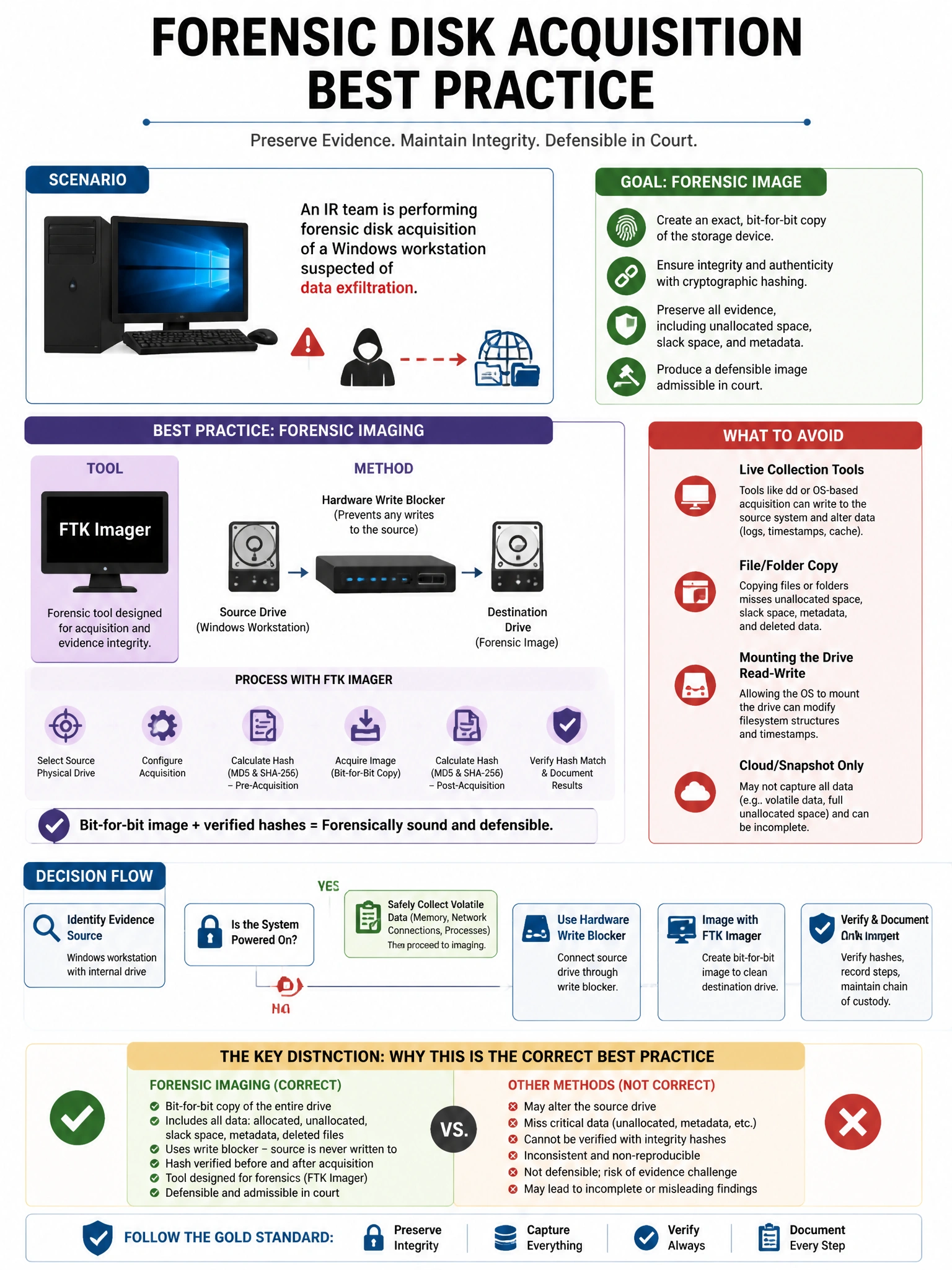 Portrait educational infographic teaching: An IR team is performing forensic disk acquisition of a Windows workstation suspected of data exfiltration. Which tool and method represent best practice for forensic imaging?. Show labeled components, decision flow, and the key distinction that makes the correct answer correct. Clean modern diagram style.