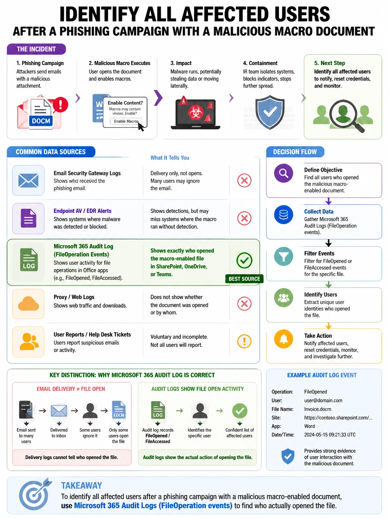 Portrait educational infographic teaching: An incident involves a phishing campaign that delivered a malicious macro-enabled document. After containment, the IR team must identify all affected users. Which data source most . Show labeled components, decision flow, and the key distinction that makes the correct answer correct. Clean modern diagram style.