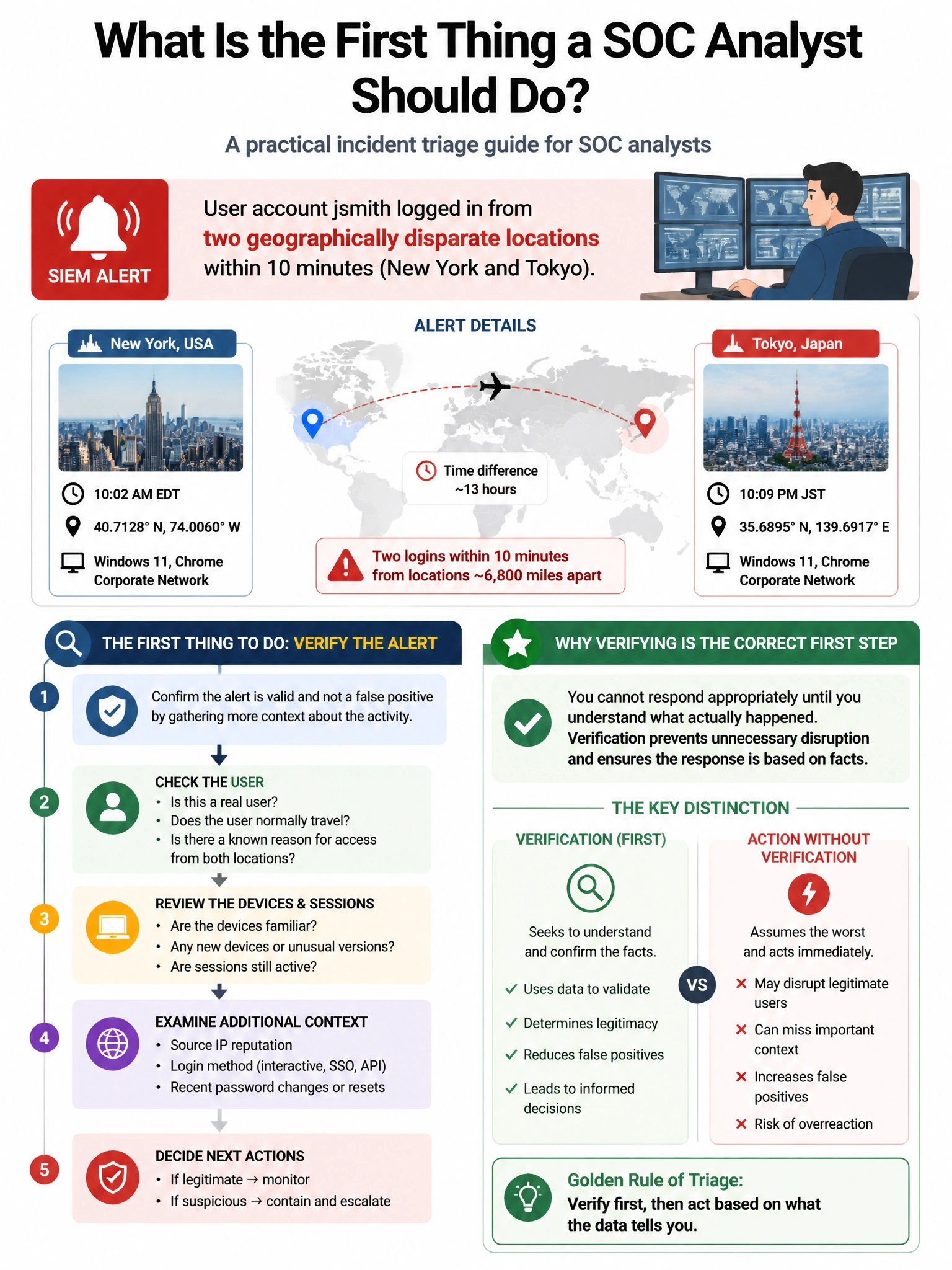 Portrait educational infographic teaching: A SOC analyst receives an alert from the SIEM: 'User account jsmith logged in from two geographically disparate locations within 10 minutes (New York and Tokyo).' What is the first. Show labeled components, decision flow, and the key distinction that makes the correct answer correct. Clean modern diagram style.