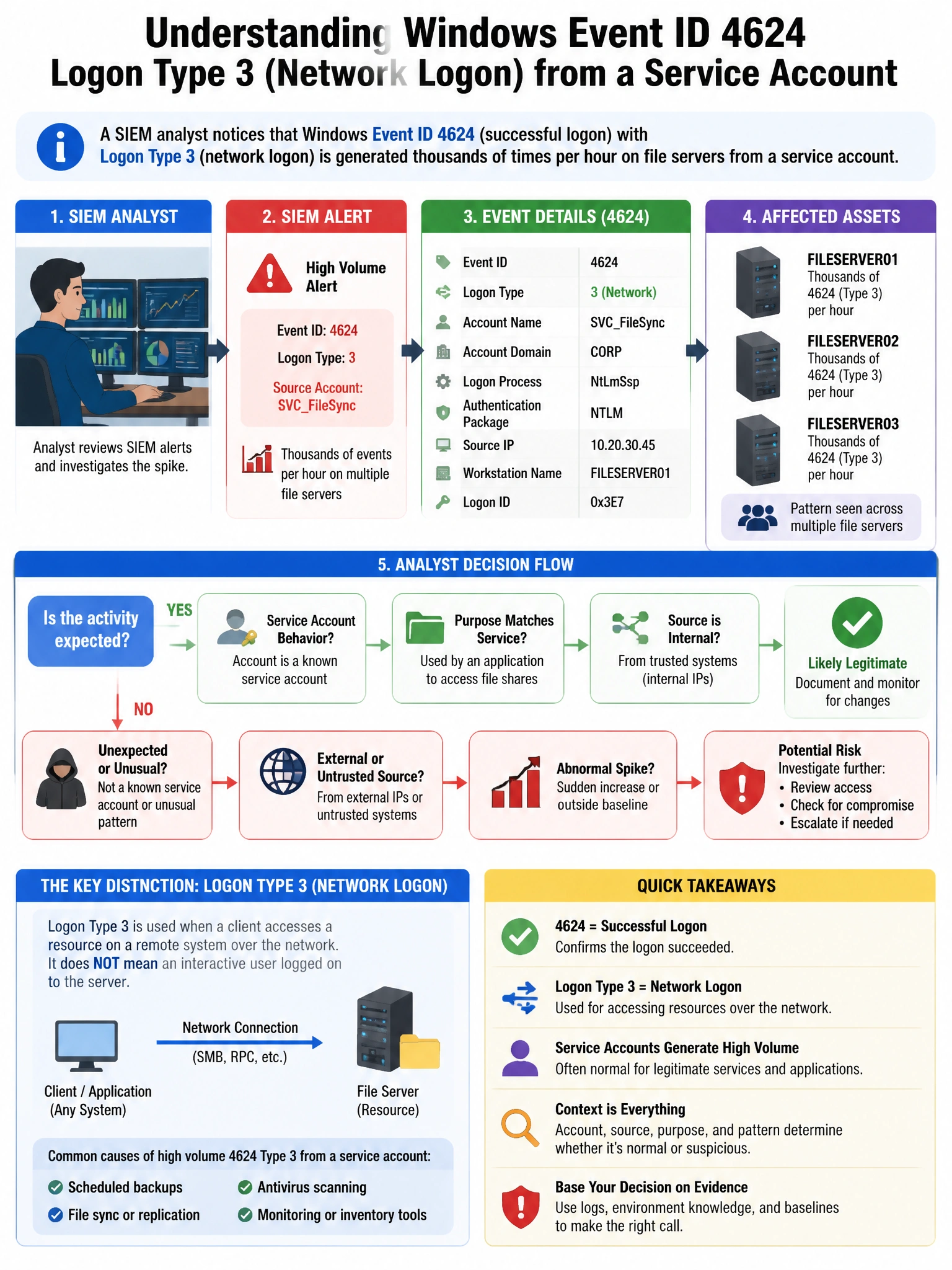 Portrait educational infographic teaching: A SIEM analyst notices that Windows Event ID 4624 (successful logon) with Logon Type 3 (network logon) is generated thousands of times per hour on file servers from service account. Show labeled components, decision flow, and the key distinction that makes the correct answer correct. Clean modern diagram style.