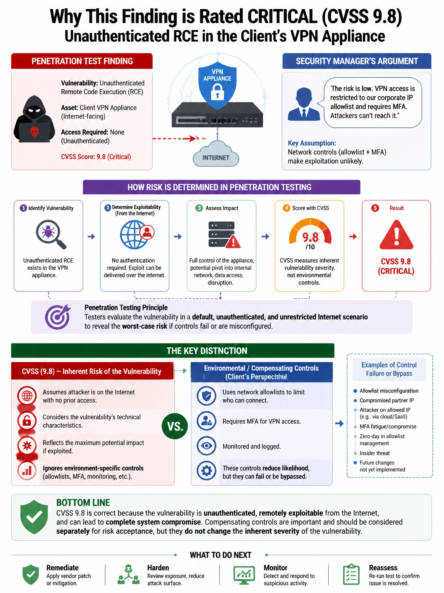 Portrait educational infographic teaching: A penetration test report rates a finding as Critical (CVSS 9.8) for an unauthenticated RCE vulnerability in the client's VPN appliance. The client's security manager argues the ri. Show labeled components, decision flow, and the key distinction that makes the correct answer correct. Clean modern diagram style.