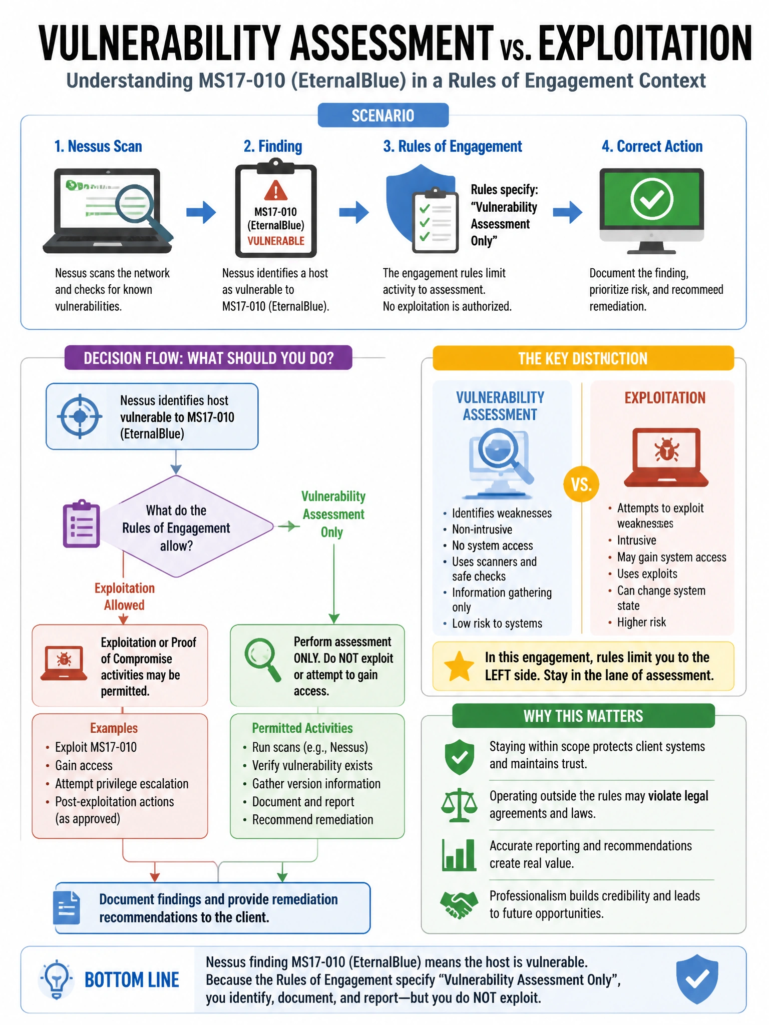 Portrait educational infographic teaching: During a vulnerability assessment, Nessus identifies a host as vulnerable to MS17-010 (EternalBlue). The rules of engagement for this engagement specify 'vulnerability assessment o. Show labeled components, decision flow, and the key distinction that makes the correct answer correct. Clean modern diagram style.