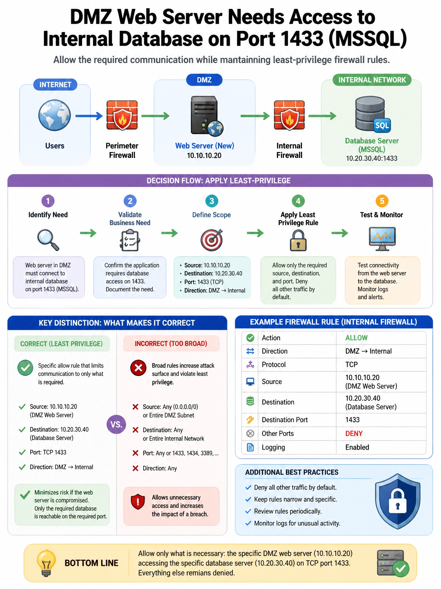 Portrait educational infographic teaching: A new DMZ web server needs to communicate with an internal database server on port 1433 (MSSQL). The security team must allow this while maintaining least-privilege firewall rules.. Show labeled components, decision flow, and the key distinction that makes the correct answer correct. Clean modern diagram style.
