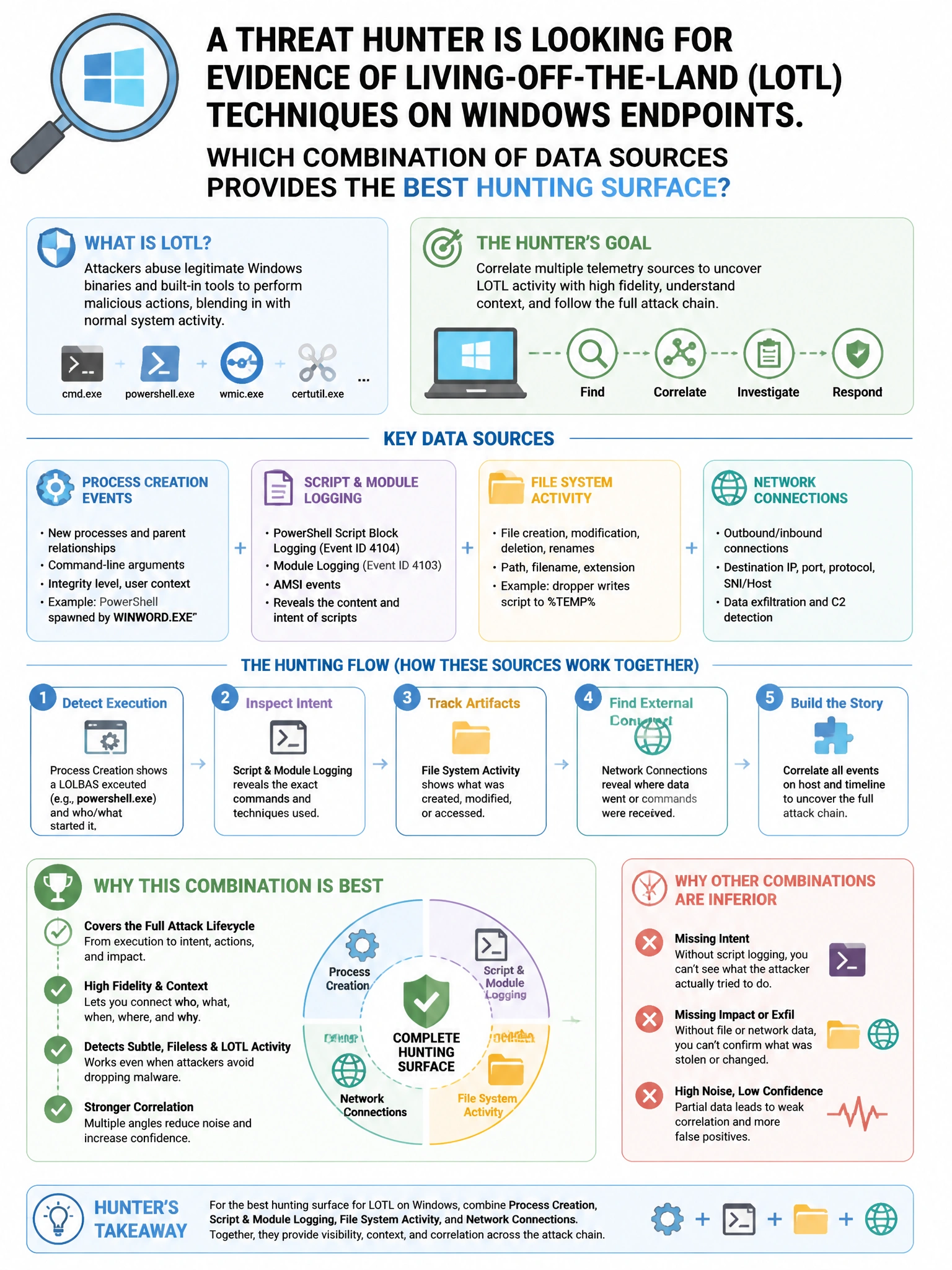 Portrait educational infographic teaching: A threat hunter is looking for evidence of living-off-the-land (LOtL) techniques on Windows endpoints. Which combination of data sources provides the best hunting surface?. Show labeled components, decision flow, and the key distinction that makes the correct answer correct. Clean modern diagram style.