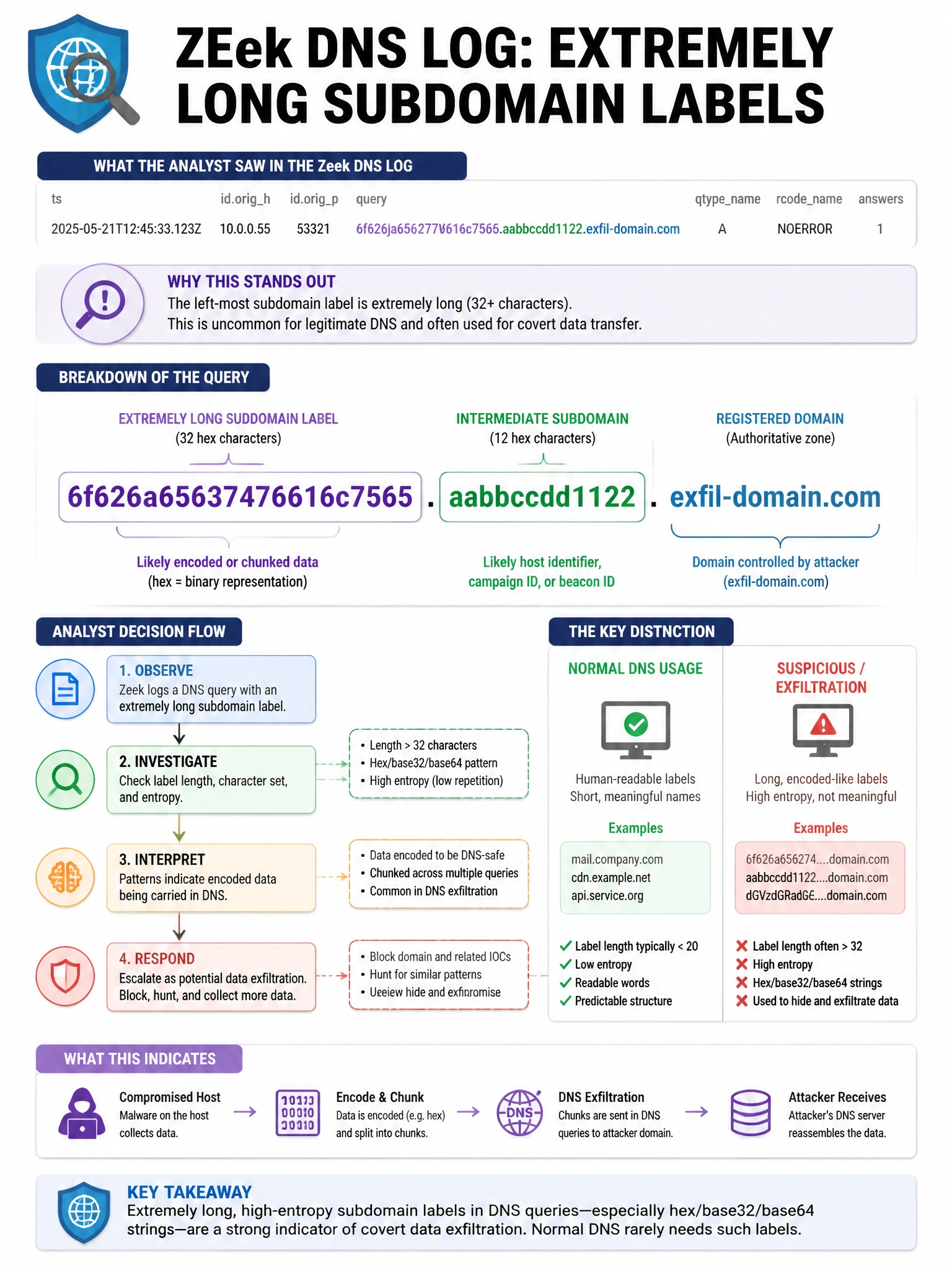 Portrait educational infographic teaching: An analyst captures a Zeek DNS log entry showing extremely long subdomain labels: '6f626a65637476616c7565.aabbccdd1122.exfil-domain.com'. What does this indicate and what is the re. Show labeled components, decision flow, and the key distinction that makes the correct answer correct. Clean modern diagram style.