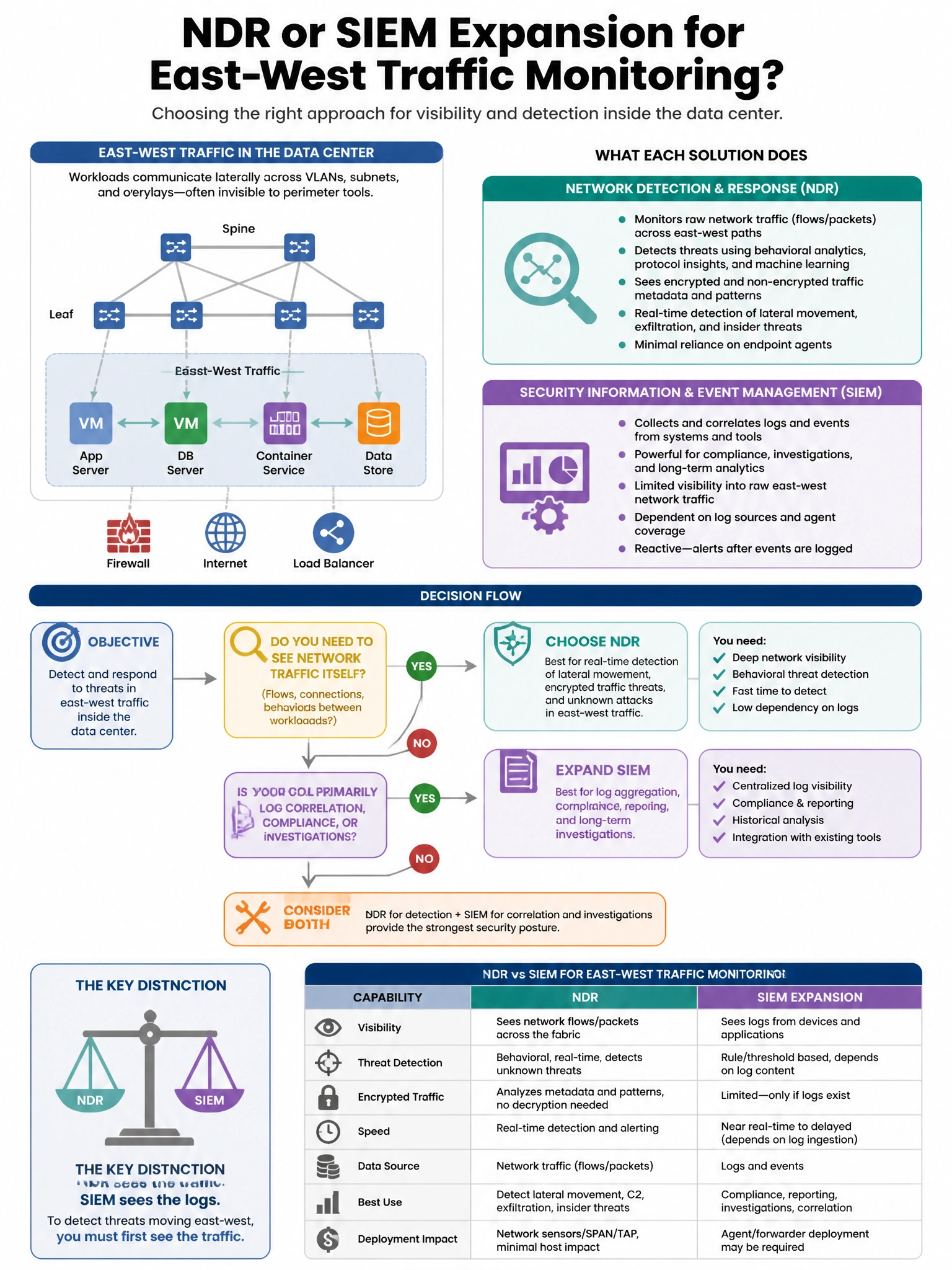 Portrait educational infographic teaching: A security architect is evaluating whether to deploy a Network Detection and Response (NDR) solution or expand SIEM capabilities for east-west traffic monitoring in a data center. . Show labeled components, decision flow, and the key distinction that makes the correct answer correct. Clean modern diagram style.