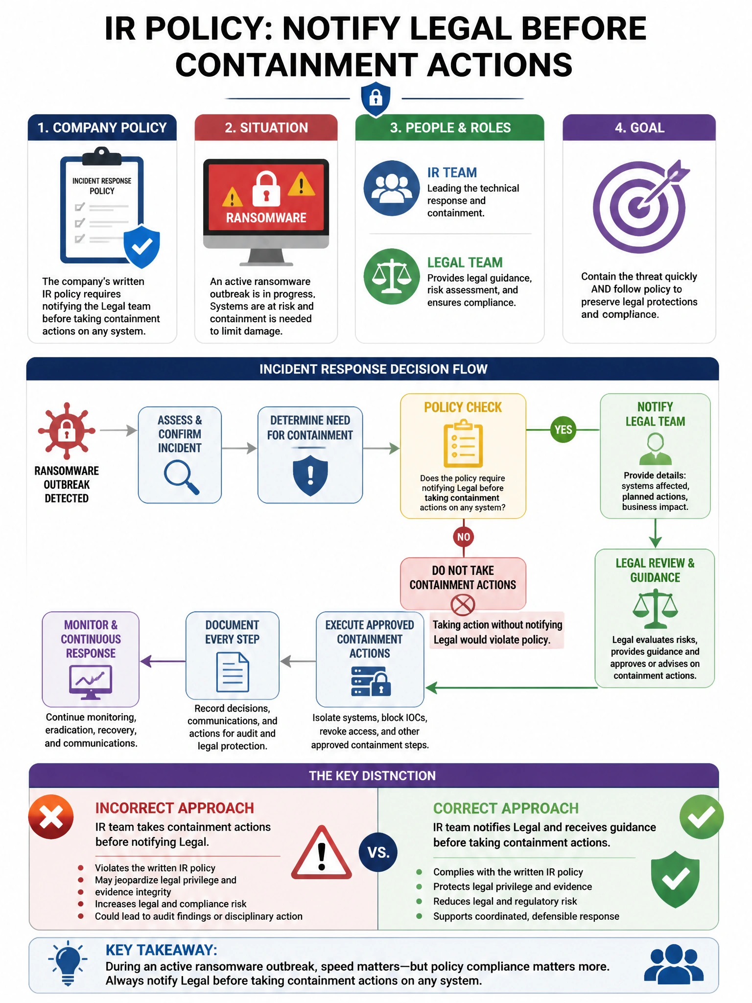Portrait educational infographic teaching: A company's written IR policy requires notifying the legal team before taking containment actions on any system. During an active ransomware outbreak, the IR team is containment-re. Show labeled components, decision flow, and the key distinction that makes the correct answer correct. Clean modern diagram style.