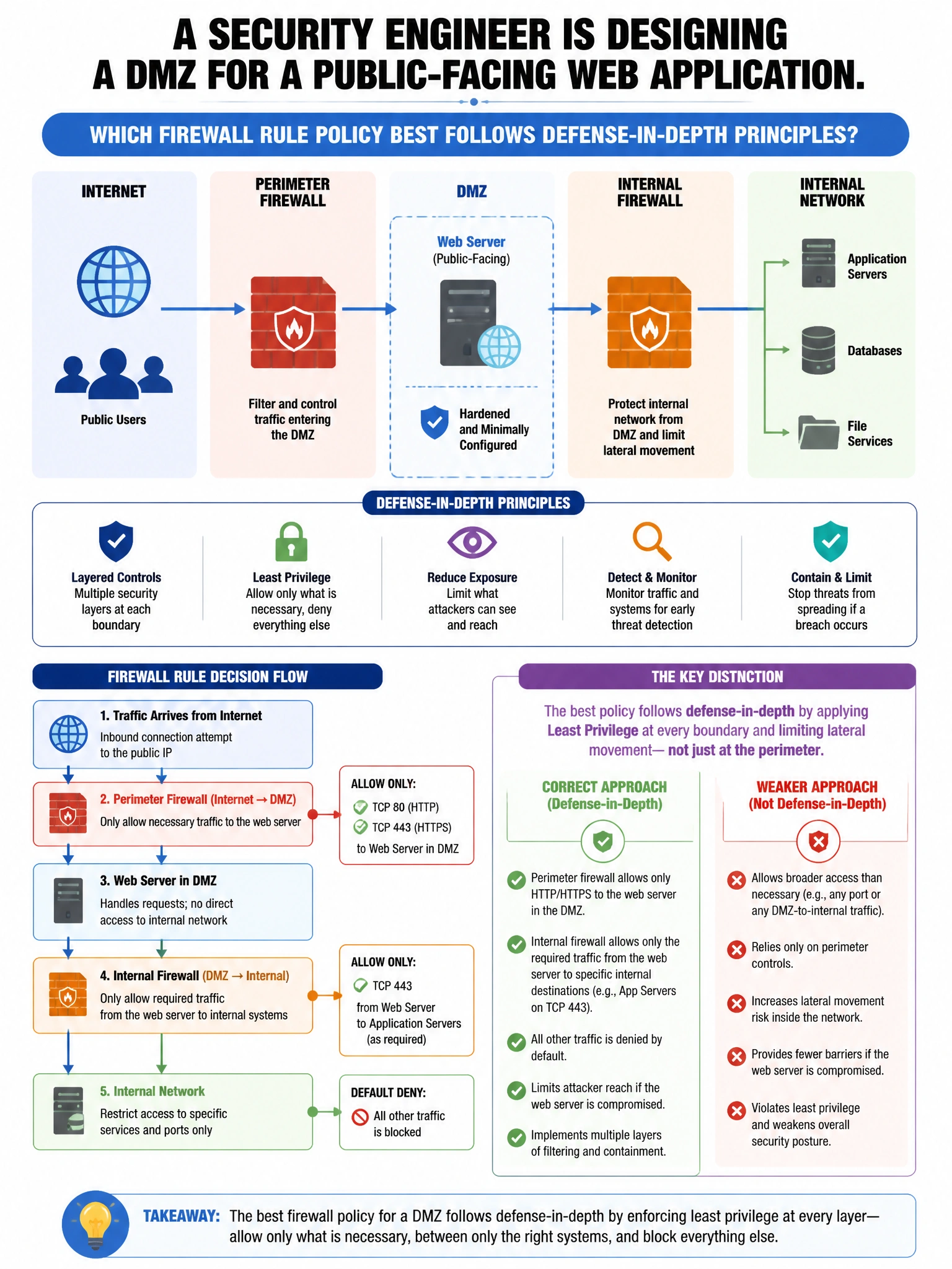 Portrait educational infographic teaching: A security engineer is designing a DMZ for a public-facing web application. Which firewall rule policy best follows defense-in-depth principles?. Show labeled components, decision flow, and the key distinction that makes the correct answer correct. Clean modern diagram style.