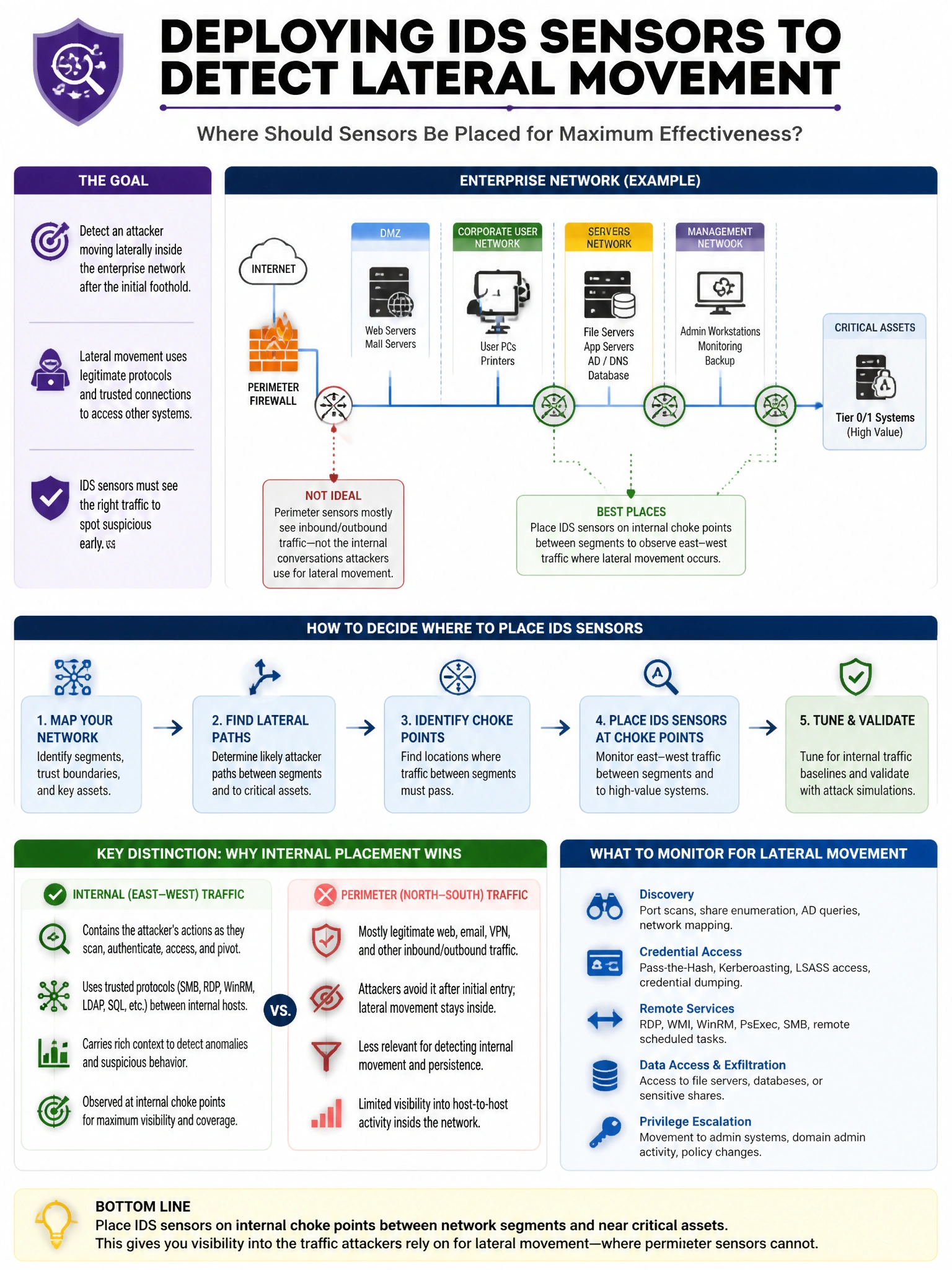 Portrait educational infographic teaching: A security engineer wants to deploy IDS sensors to detect lateral movement within the enterprise. Where should sensors be placed for maximum effectiveness?. Show labeled components, decision flow, and the key distinction that makes the correct answer correct. Clean modern diagram style.