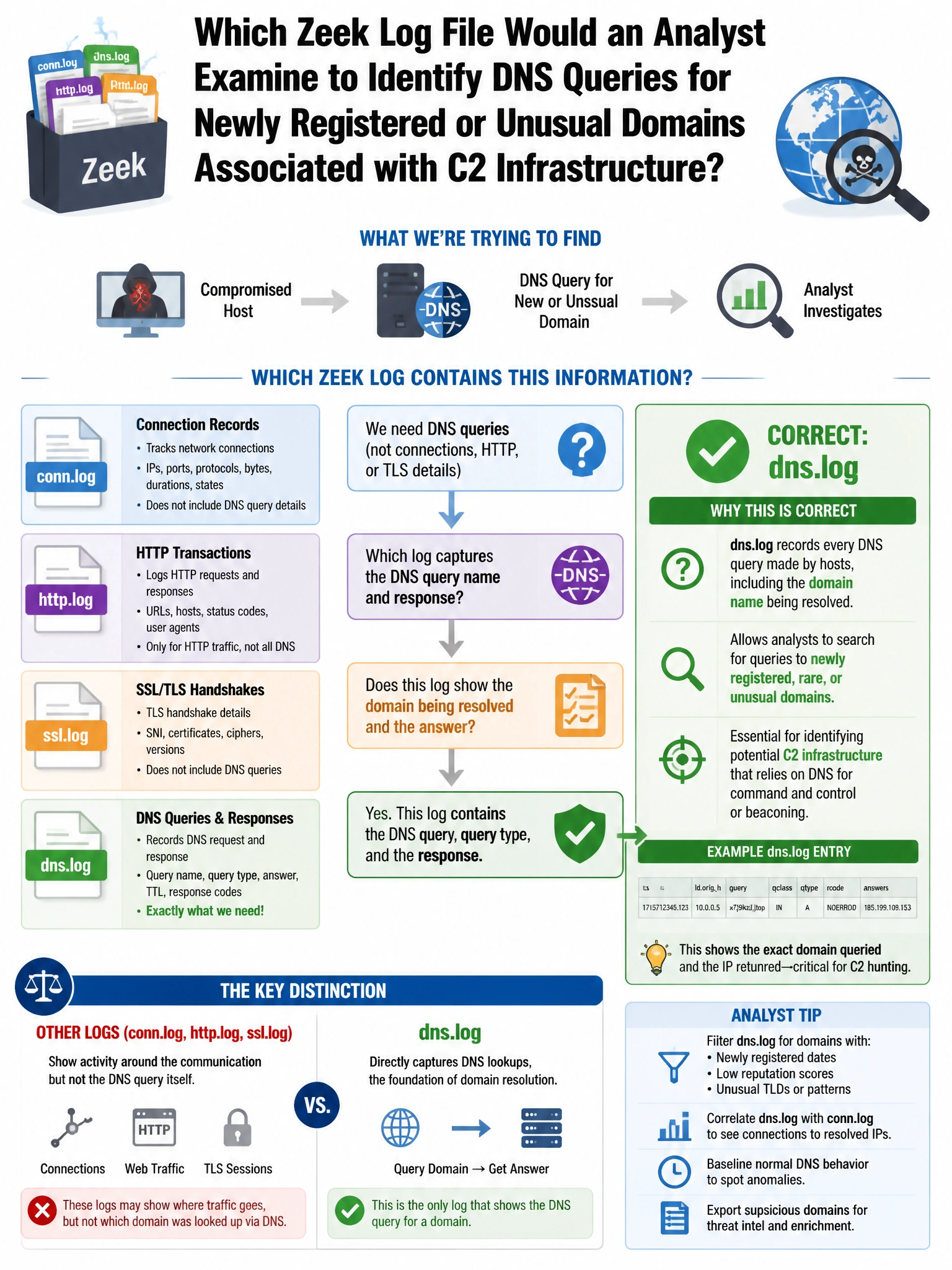 Portrait educational infographic teaching: Which Zeek log file would an analyst examine to identify DNS queries for newly registered or unusual domains associated with C2 infrastructure?. Show labeled components, decision flow, and the key distinction that makes the correct answer correct. Clean modern diagram style.
