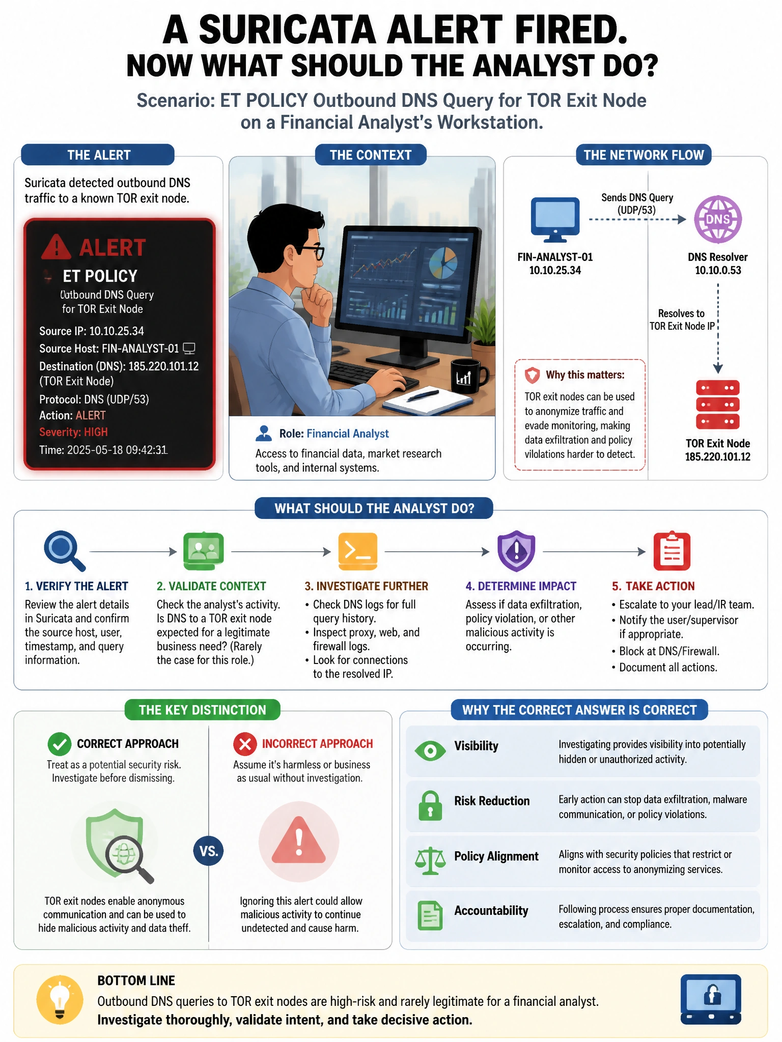 Portrait educational infographic teaching: A Suricata alert fires with the message 'ET POLICY Outbound DNS Query for TOR Exit Node.' The alert appears on a workstation used by a financial analyst. What should the analyst do. Show labeled components, decision flow, and the key distinction that makes the correct answer correct. Clean modern diagram style.