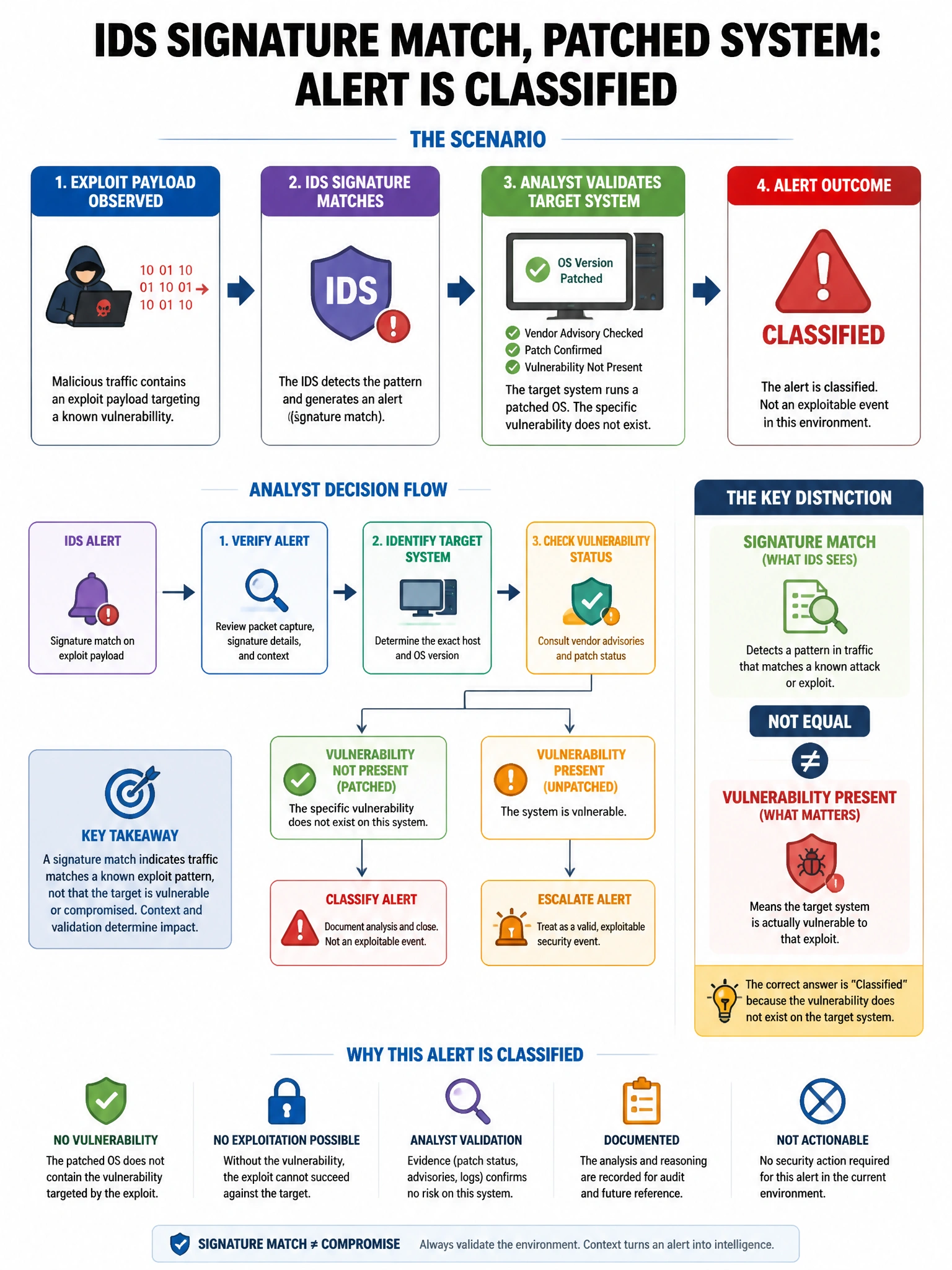Portrait educational infographic teaching: An IDS signature matches on a specific exploit payload, but the analyst confirms the target system runs a patched OS where the vulnerability does not exist. This alert is classifie. Show labeled components, decision flow, and the key distinction that makes the correct answer correct. Clean modern diagram style.