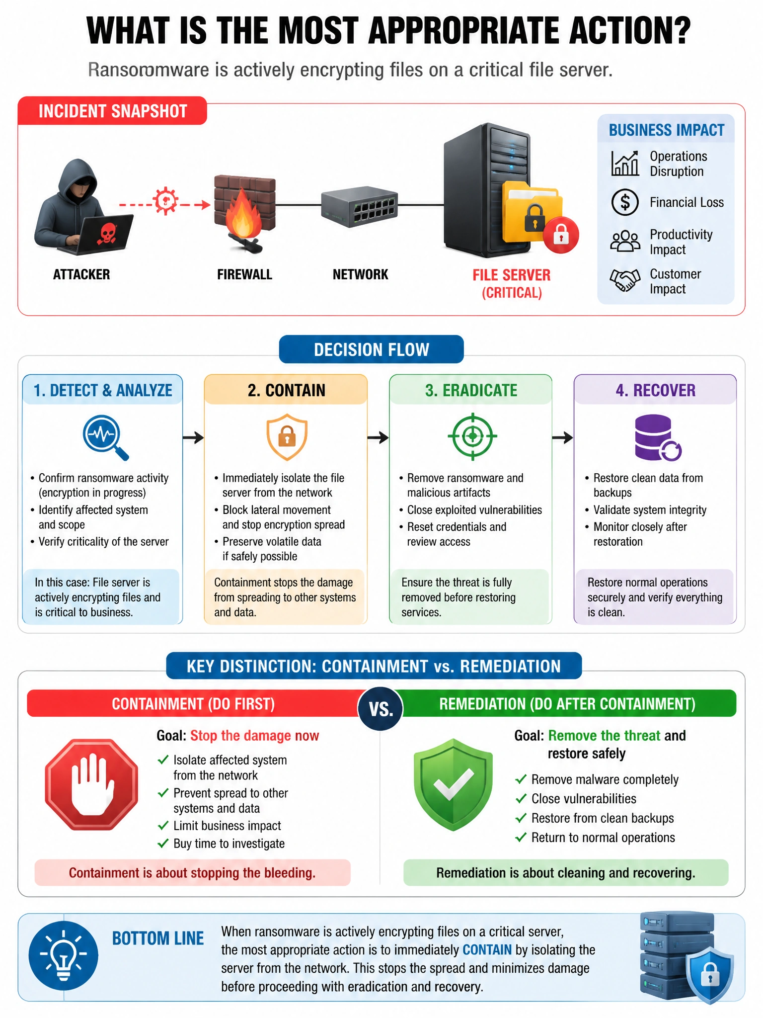 Portrait educational infographic teaching: During an incident, the security team discovers ransomware actively encrypting files on a file server. The server is critical to business operations. What is the most appropriate i. Show labeled components, decision flow, and the key distinction that makes the correct answer correct. Clean modern diagram style.