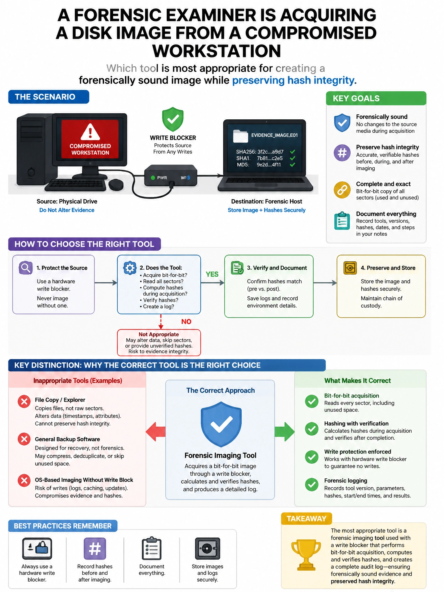 Portrait educational infographic teaching: A forensic examiner is acquiring a disk image from a compromised workstation. Which tool is most appropriate for creating a forensically sound image while preserving hash integrity. Show labeled components, decision flow, and the key distinction that makes the correct answer correct. Clean modern diagram style.