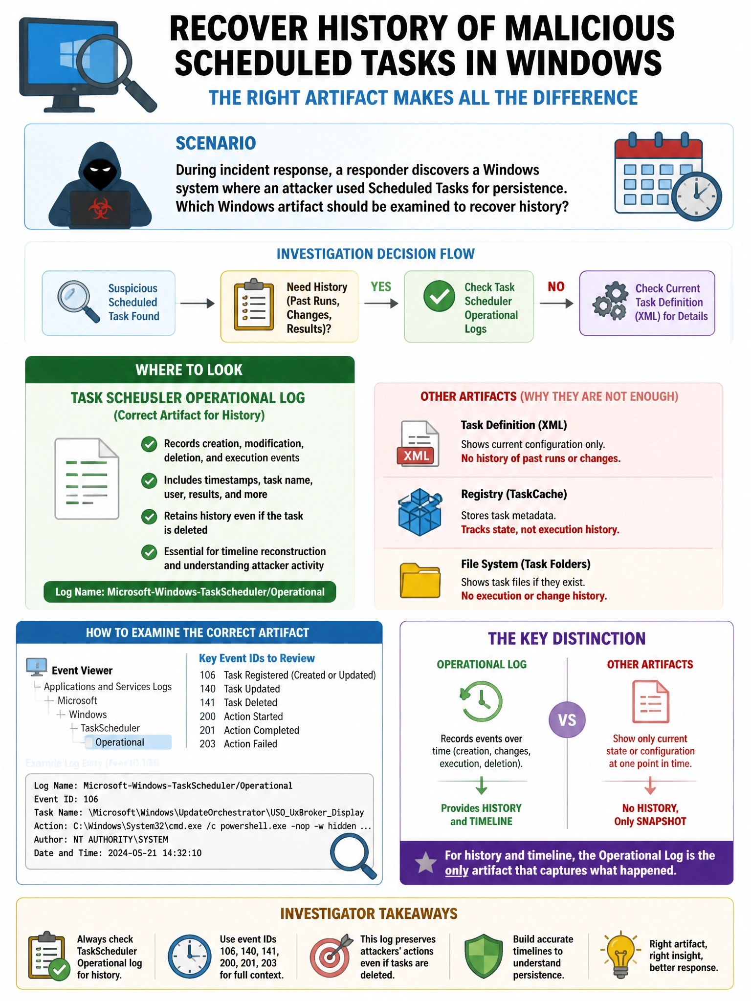 Portrait educational infographic teaching: During incident response, a responder discovers a Windows system where an attacker used Scheduled Tasks for persistence. Which Windows artifact should be examined to recover histor. Show labeled components, decision flow, and the key distinction that makes the correct answer correct. Clean modern diagram style.