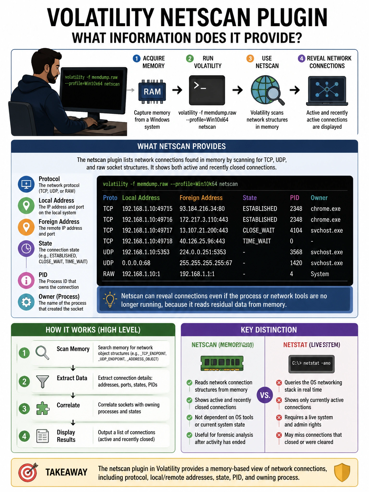 Portrait educational infographic teaching: A memory forensics analyst runs Volatility against a Windows memory image and uses the netscan plugin. What information does this plugin provide?. Show labeled components, decision flow, and the key distinction that makes the correct answer correct. Clean modern diagram style.
