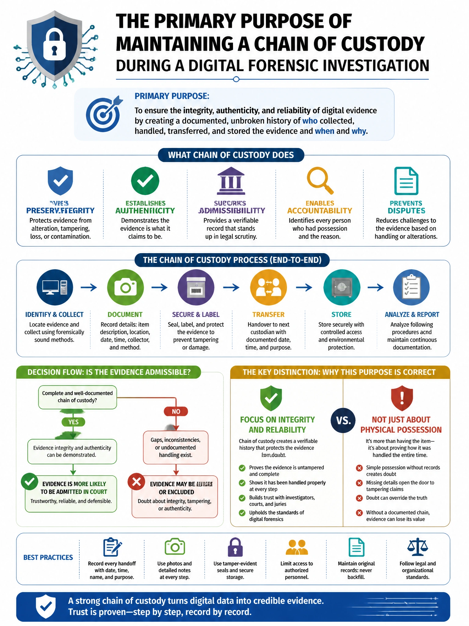 Portrait educational infographic teaching: What is the primary purpose of maintaining a chain of custody during a digital forensic investigation?. Show labeled components, decision flow, and the key distinction that makes the correct answer correct. Clean modern diagram style.