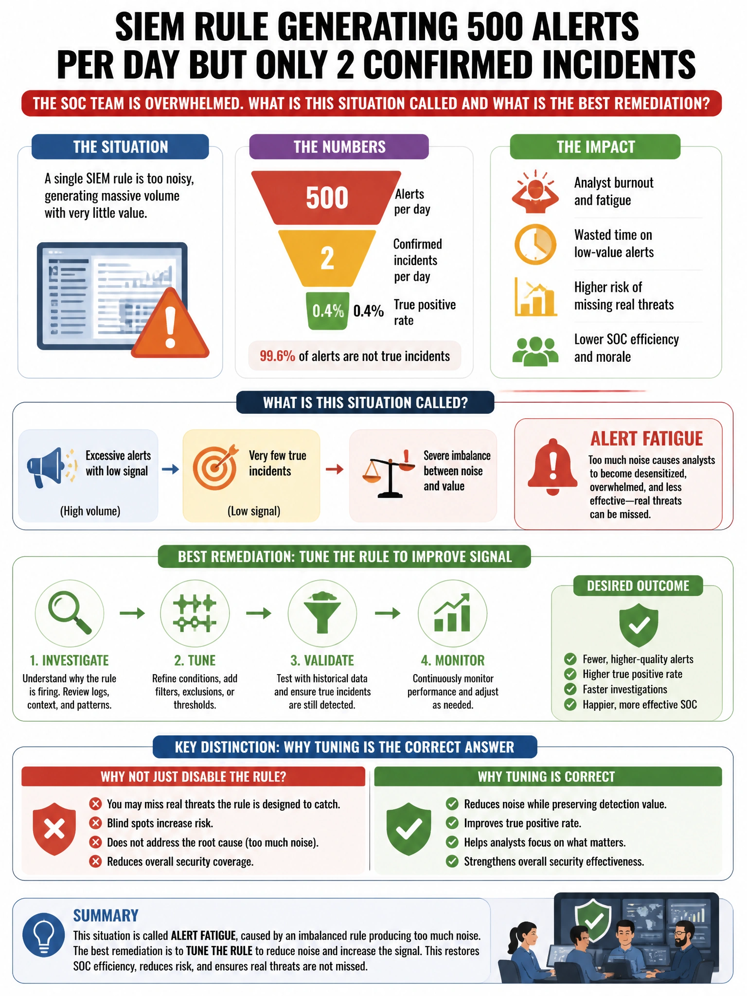 Portrait educational infographic teaching: A SIEM rule is generating 500 alerts per day but only 2 are confirmed incidents. The SOC team is overwhelmed. What is this situation called and what is the best remediation?. Show labeled components, decision flow, and the key distinction that makes the correct answer correct. Clean modern diagram style.