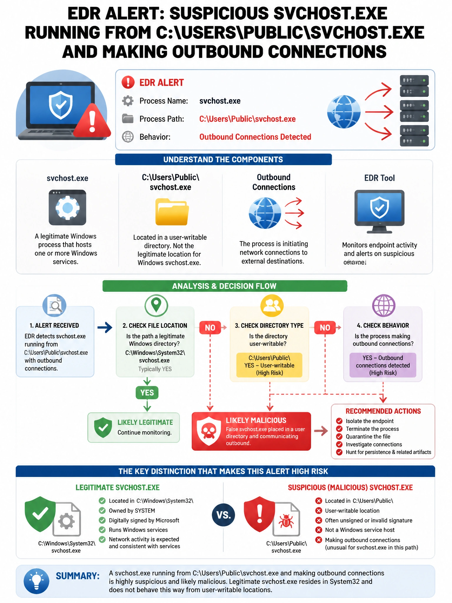 Portrait educational infographic teaching: An endpoint detection and response (EDR) tool alerts that a process named 'svchost.exe' is running from the path 'C:\Users\Public\svchost.exe' and is making outbound connections. W. Show labeled components, decision flow, and the key distinction that makes the correct answer correct. Clean modern diagram style.