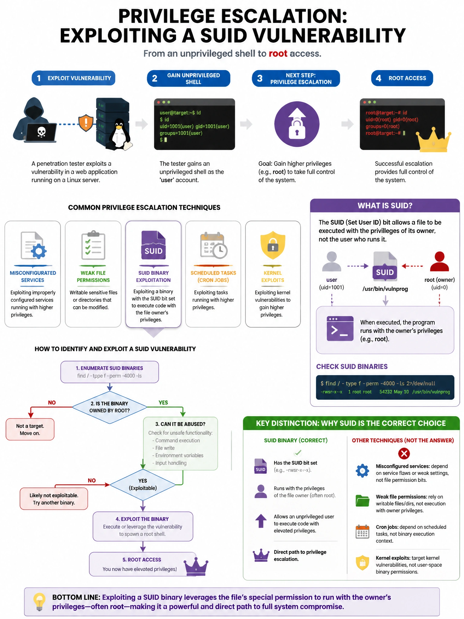 Portrait educational infographic teaching: A penetration tester exploits a vulnerability and gains an unprivileged shell on a Linux server. The next step is privilege escalation. Which technique involves exploiting a SUID b. Show labeled components, decision flow, and the key distinction that makes the correct answer correct. Clean modern diagram style.