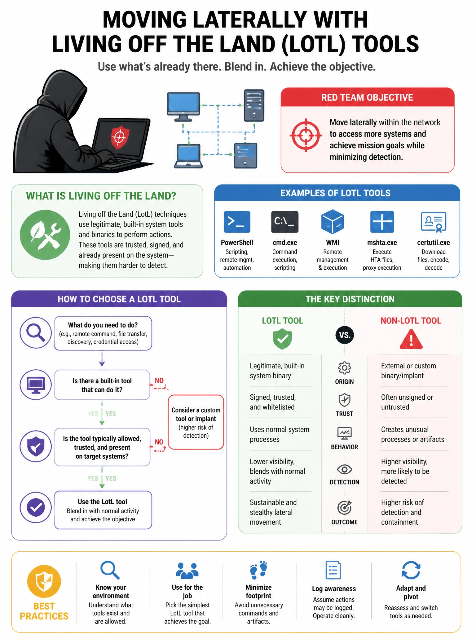 Portrait educational infographic teaching: A penetration tester is conducting a red team engagement and wants to move laterally using 'Living off the Land' (LotL) techniques. Which tool is most consistent with a LotL approa. Show labeled components, decision flow, and the key distinction that makes the correct answer correct. Clean modern diagram style.