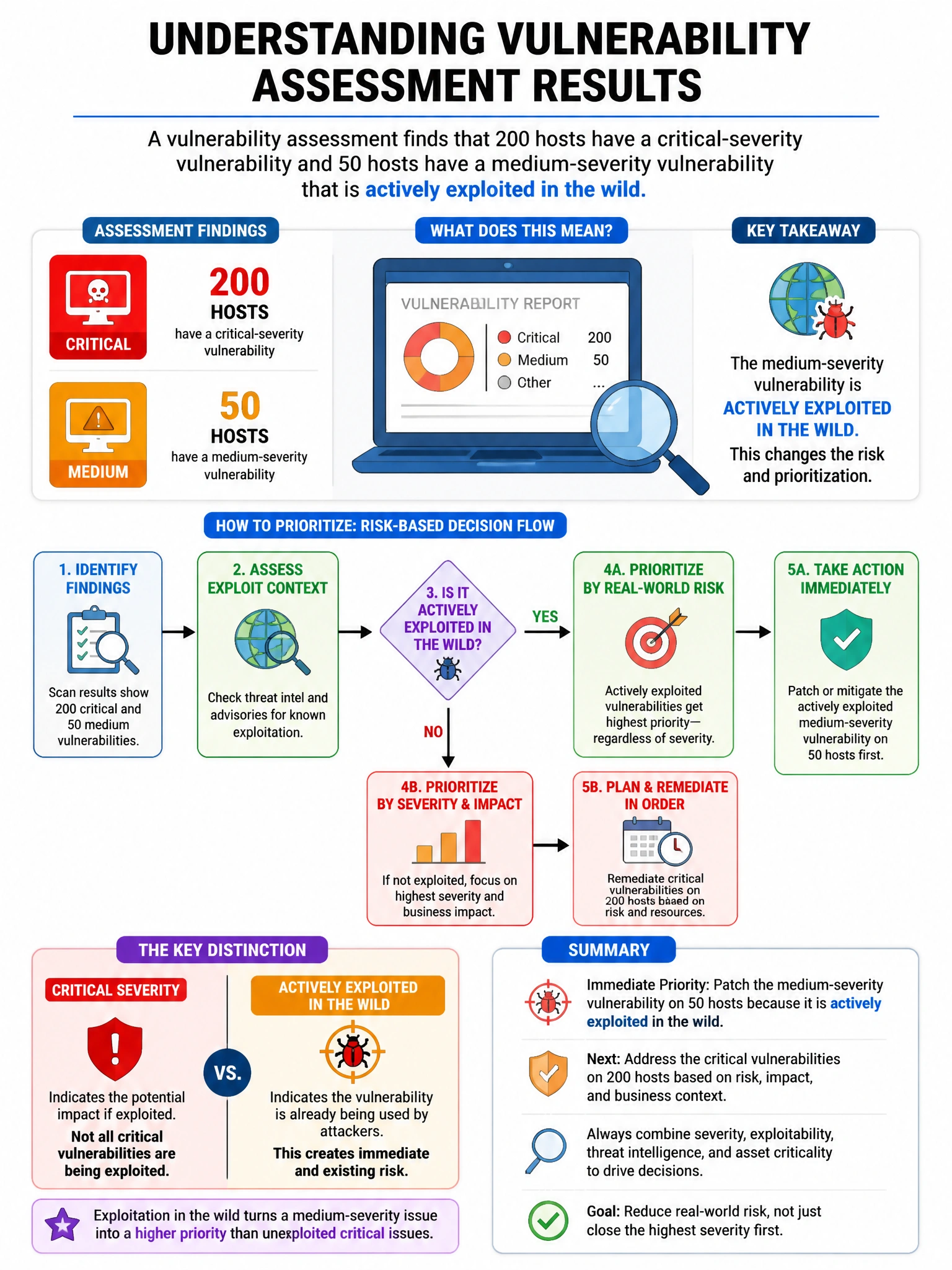 Portrait educational infographic teaching: A vulnerability assessment finds that 200 hosts have a critical-severity vulnerability and 50 hosts have a medium-severity vulnerability that is actively exploited in the wild. How. Show labeled components, decision flow, and the key distinction that makes the correct answer correct. Clean modern diagram style.