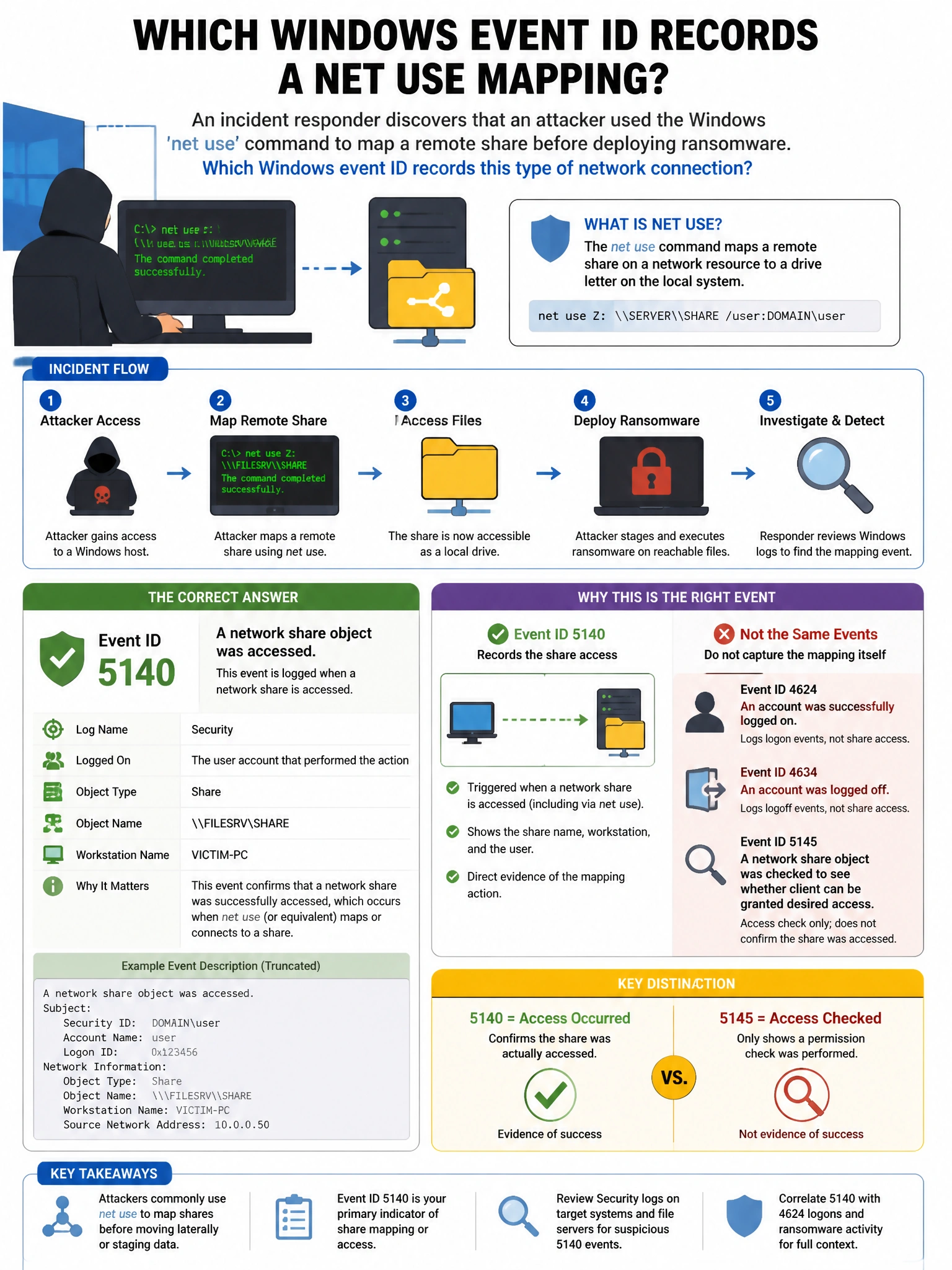 Portrait educational infographic teaching: An incident responder discovers that an attacker used the Windows 'net use' command to map a remote share before deploying ransomware. Which Windows event ID records this type of n. Show labeled components, decision flow, and the key distinction that makes the correct answer correct. Clean modern diagram style.