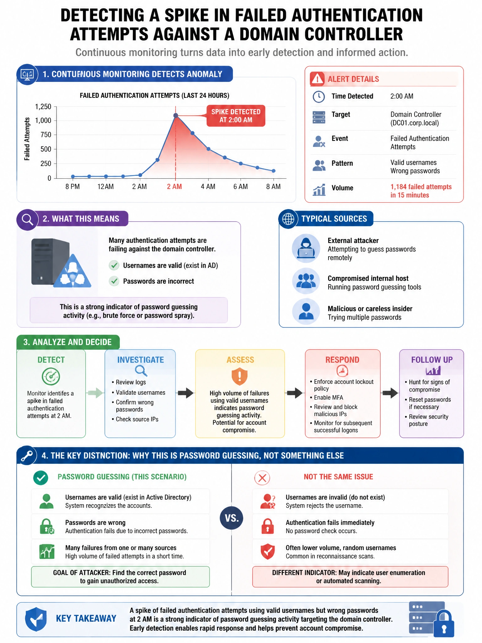Portrait educational infographic teaching: A continuous monitoring program identifies a spike in failed authentication attempts against a domain controller at 2 AM. The attempts use valid usernames but wrong passwords. Whic. Show labeled components, decision flow, and the key distinction that makes the correct answer correct. Clean modern diagram style.