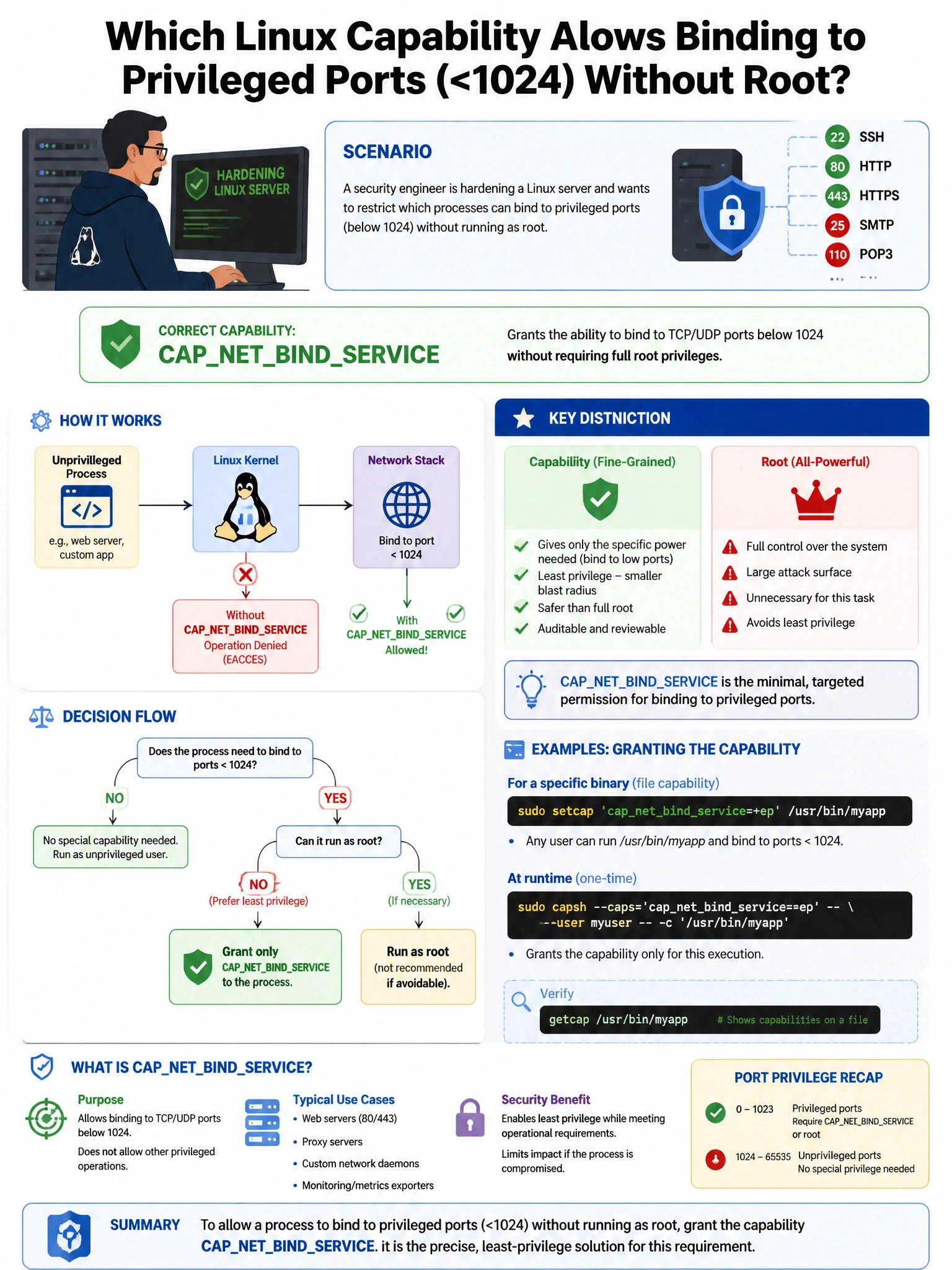Portrait educational infographic teaching: A security engineer is hardening a Linux server and wants to restrict which processes can bind to privileged ports (below 1024) without running as root. Which Linux capability allo. Show labeled components, decision flow, and the key distinction that makes the correct answer correct. Clean modern diagram style.